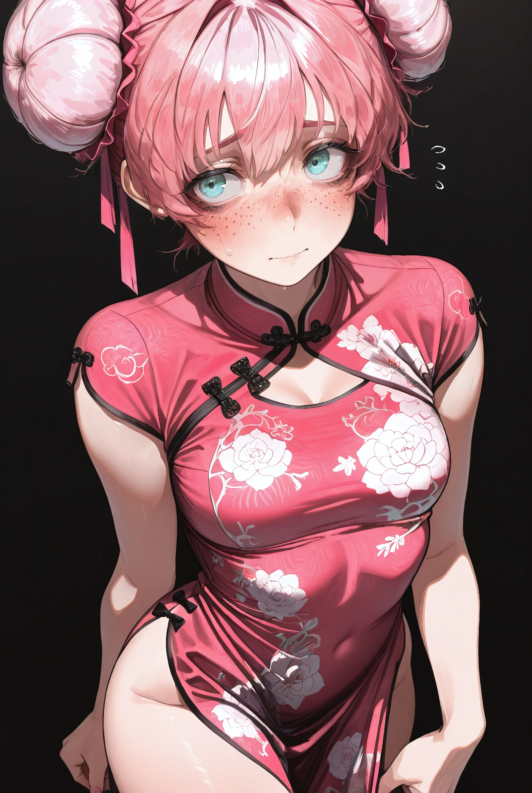 (),  masterpiece, best quality, amazing quality, very aesthetic, (black background), (girl, pink hair, bun hair, , freckles,), pink chinese dress, adjust dress, shy