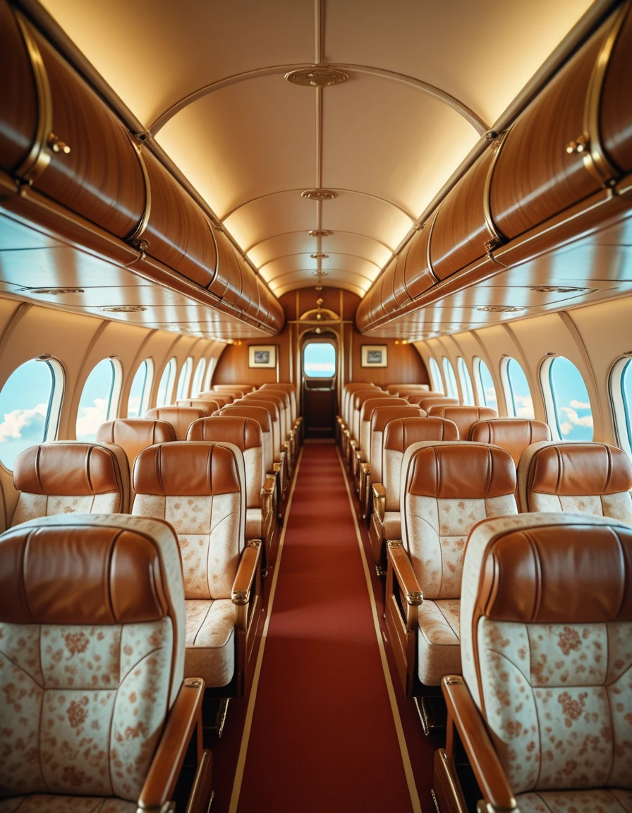 A retro airplane interior from the golden age of air travel, completely empty of people. Rows of wide, plush seats upholstered in rich, patterned fabric face forward, with ample legroom and polished wooden armrests. Overhead storage bins are replaced by open luggage racks, lined with brass rails. Soft, warm lighting glows from art decoâstyle fixtures along the ceiling, reflecting off chrome accents and glossy paneling. Large oval windows offer glimpses of a bright blue sky and drifting clouds. The cabin exudes a sense of elegance and nostalgia, with every detail evoking the glamour of mid-20th-century aviation.retro airplane 1nt3r10r, <lora:retro_airplane_1nt3r10r-i:1>, Masterpiece,best quality,hi res,8k,hi res,8k,award winning,(sharp focus, intricate, highly detailed),