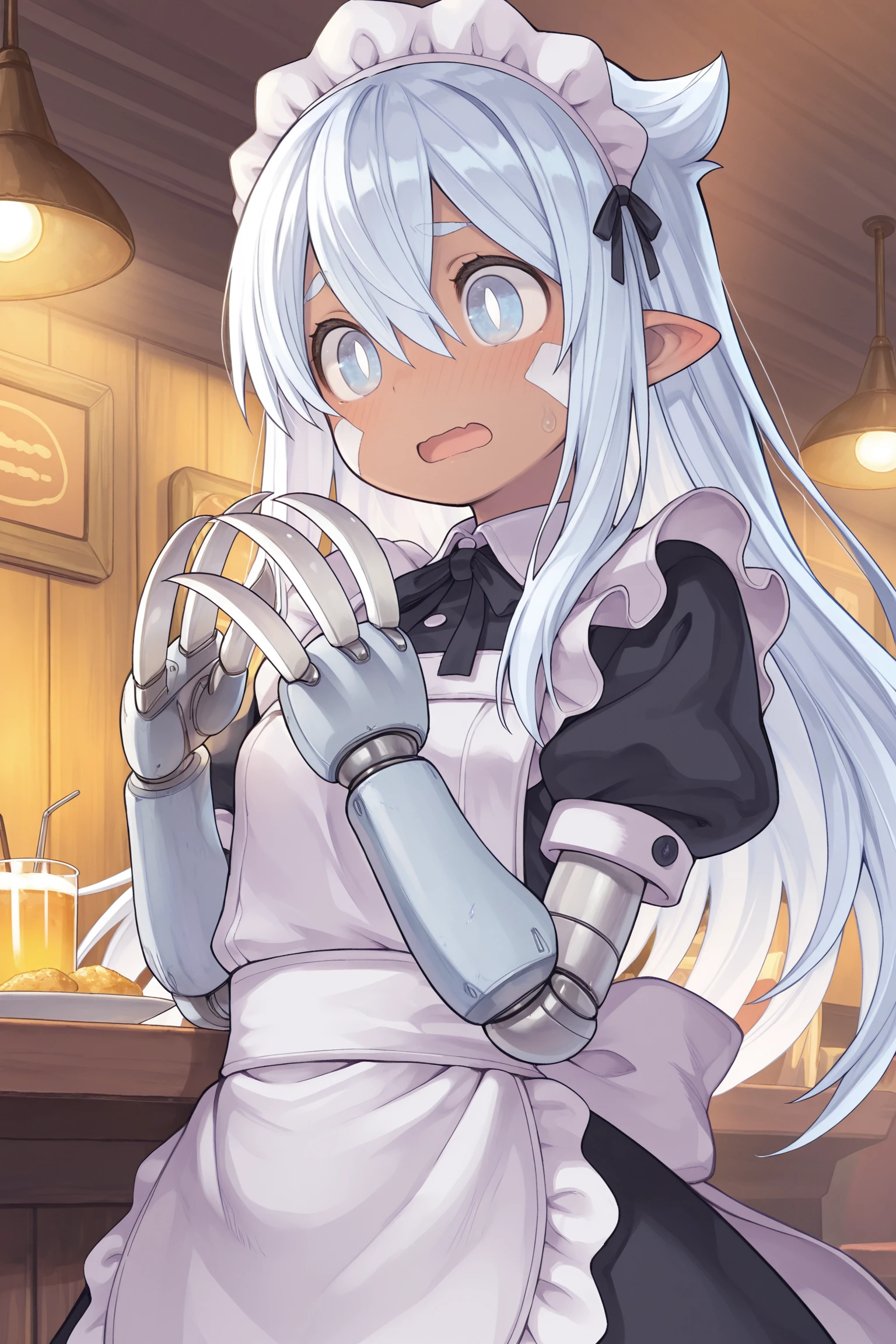 solo, 1girl, kirinia, facial mark, body mark, mechanical arms, claws, maid outfit, cute outfit, beautiful lighting, dim light, upper body, open mouth, wavy mouth, looking around, blush, embarrased, portrait, arms together, restaurant, indoors, cowboy shot, BREAK ((ultra-detailed)), ((best quality)), ((beautiful eyes)), ((extremely detailed)), 4K, (8K), best quality, (beautiful), Master piece, highres, best quality, official art, highres, masterpiece, detailed background, high quality background,