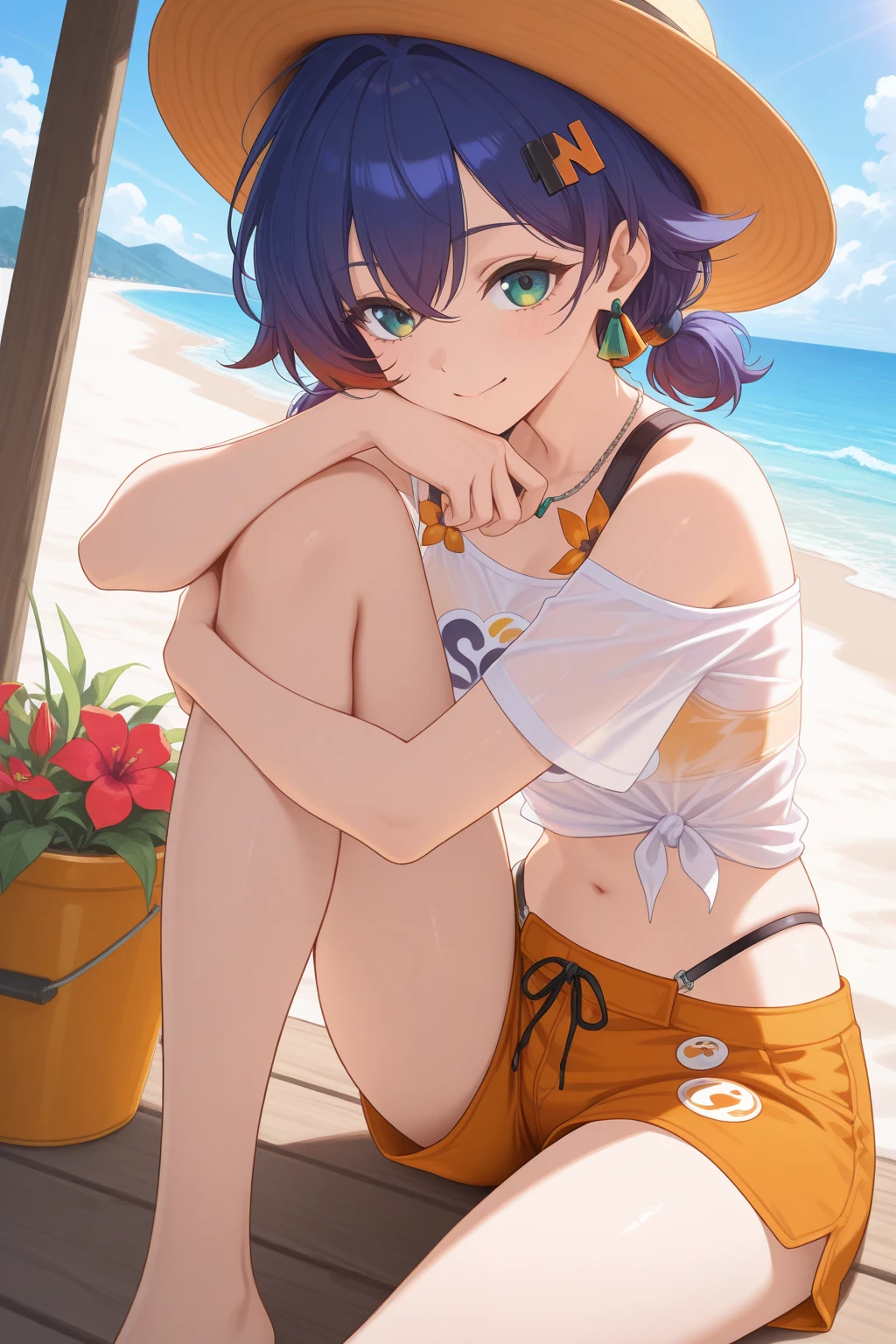 very awa, (vivid colors), detailed eyes, shining eyes, masterpiece, best quality, ultra-detailed, (8k), (hdr), (ultra-detailed), absurdres, looking at viewer, solo, 1girl, girl, outdoors, beach, day, smile, aabelle, green eyes, blue hair, short twintails, multicolored hair, bellebeach, bucket hat, earrings, swimsuit, white shirt, short sleeves, bare shoulders, off-shoulder shirt, see-through shirt, red flower, side-tie shirt, orange bikini, navel, orange shorts, short shorts, highleg bikini, bikini under clothes, ((sitting, one knee up, hugging knee, cowboy shot))