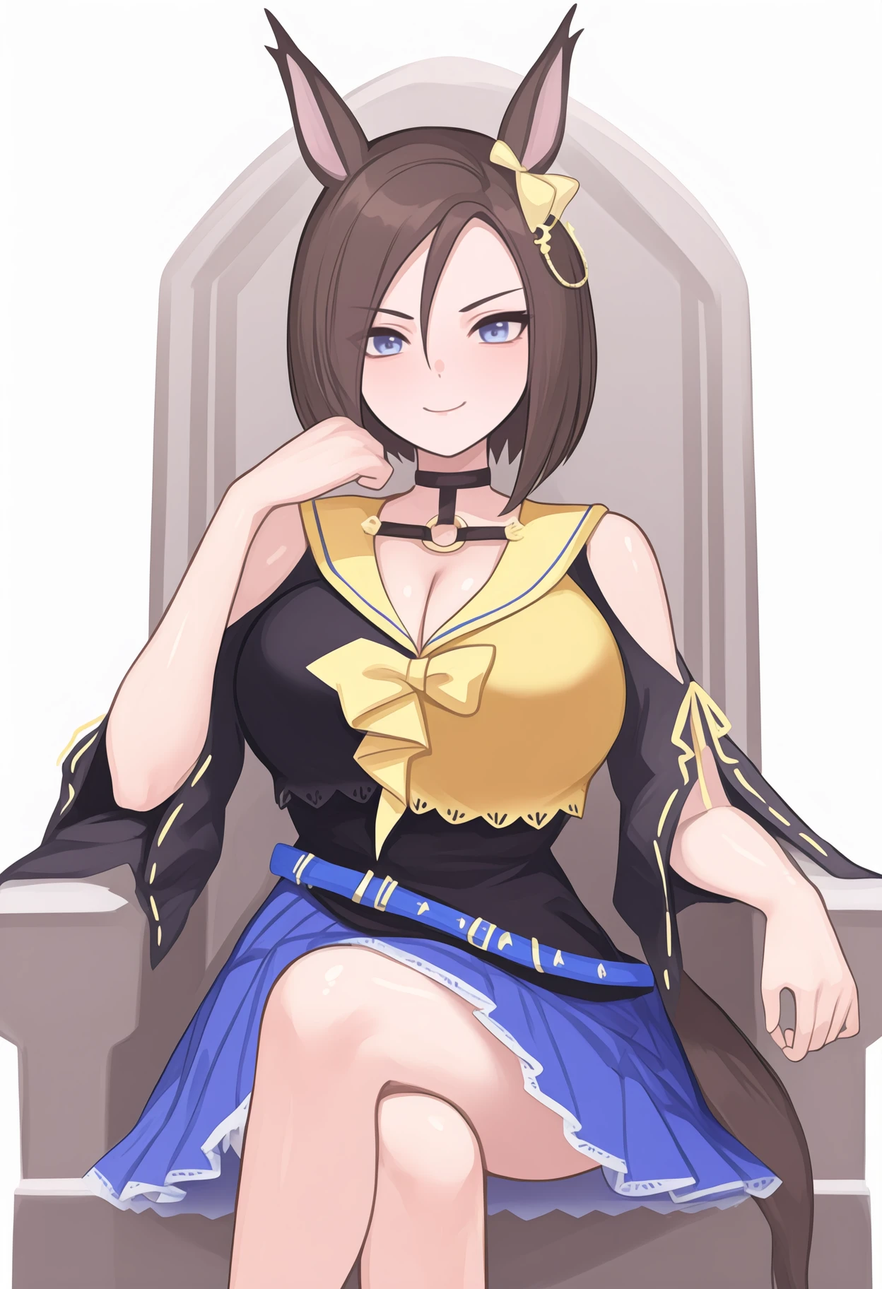newest, feet out of frame, solo, 1girl, argrv, horse tail, smile, looking at viewer, sitting on throne, arm rest, crossed legs, short hair, brown hair, hair between eyes, animal ears, ear bow, yellow bow, blue eyes, two-tone shirt, black shirt, yellow shirt, shoulder cutout, yellow sailor collar, yellow bowtie, ribbon-trimmed sleeves, blue skirt, pleated skirt, lace-trimmed skirt, blue belt, loose belt, black choker, bare shoulders, cleavage, large breasts
<segment:yolo-Anzhc Face seg 640 v3 y11n.pt,0.5,0.5//cid=11>