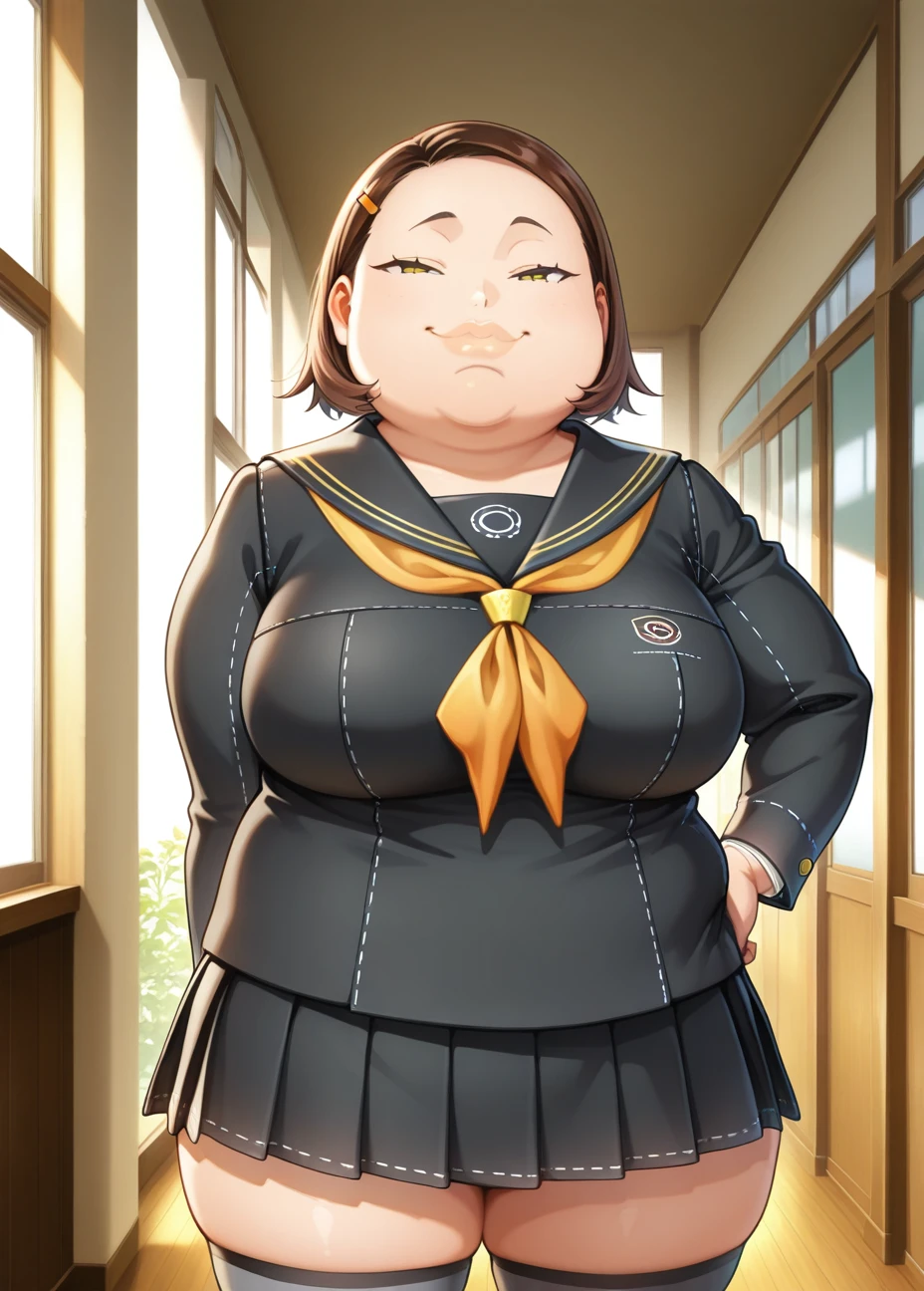 masterpiece, best quality, absurdres, <lora:Hanako_Ohtani_Persona_4:0.8>, hnk_otn, (hanako ohtani:1.1), 1girl, brown hair, standing, indoors, plump, fat, serafuku, yasogami school uniform, looking at viewer, thick lips, cowboy shot, expressionless, thighhighs, official art, short hair, face focus, disgust, smug,