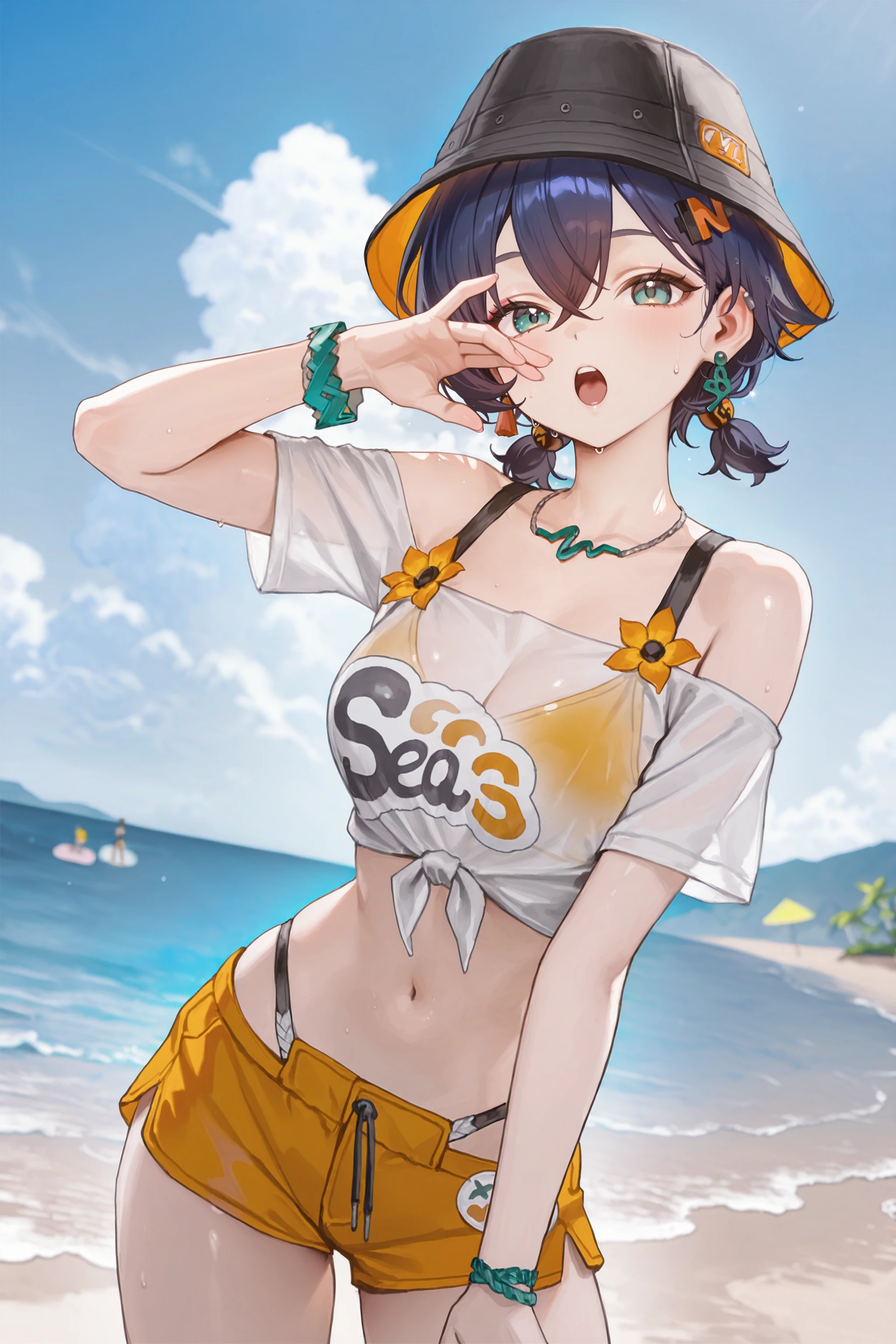 1girl, belle \(zenless zone zero\), solo, letter hairclip, earrings, necklace, low twintails, black bucket hat, off-shoulder crop top, bikini under clothes, wristband, bracelet, orange short, looking at viewer, open mouth, ojou-sama pose, standing, contrapposto, cowboy shot, outdoors, beach, ocean, blue sky, cumulonimbus cloud, depth of field, depth of field <lora:Char-ZZZ-Belle-V2-IL:0.9:hr=0.6>, mimoza \(96mimo414\), rei \(sanbonzakura\), mochi \(circle rin\), (rhasta, yonchan, watao, minaba hideo:0.95)
masterpiece, best quality, amazing quality, very aesthetic, absurdres, newest, (scenery, volumetric lighting)