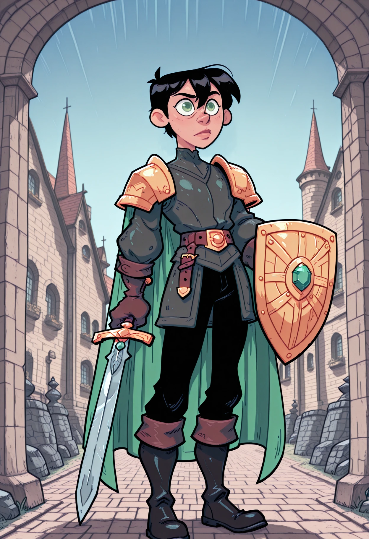Masterpiece,best quality,absurdres,boy,solo,male focus,black hair,green eyes,short hair,hair between eyes,bangs,green cape,gloves,shoulder armor,coat,long sleeves,gem,knee boots,black pants,belt,footwear,armor,plate armor,holding shield,sword,footwear,outdoors,day,blue sky,beautiful background,(rays light:1),(grow:1) mystical,detailed background,beautiful background),<lora:Dunno:1>,