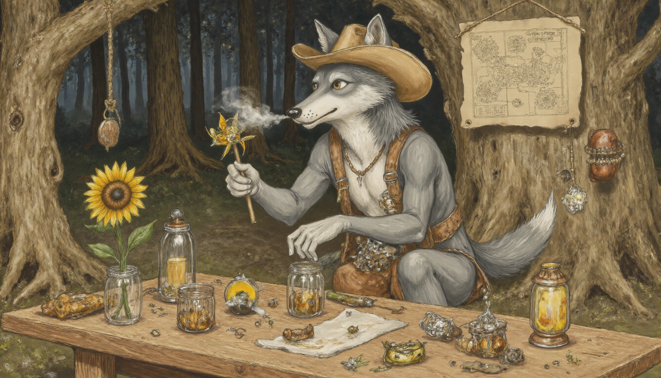 Norman Rockwell style Rembrandt van Rijn style <lora:timokha:1>,  5. Timokha the Inventor â The Workshop at Dusk
A wolf in a makeshift workshop under a tree root, surrounded by gadgets made from jars, sticks, and rubber bands. Heâs adjusting a tiny windmill made from a sunflower and a spoon, testing it with a puff of breath. His cowboy hat is pushed back, revealing focused eyes. Tools hang from twine, and a lantern made of a firefly jar glows softly. Background: twilight forest, fireflies blinking like stars. Style: whimsical childrenâs book illustration, soft watercolor textures, warm lighting. Mood: thoughtful, creative, quietly brilliant. Symbol: a blueprint pinned to the wall, labeled âScooter 2.0 â With Wings?â . Baroque, self-portrait, chiaroscuro, etching, "Rococo . Realistic, narrative, Americana, detailed, "abstract