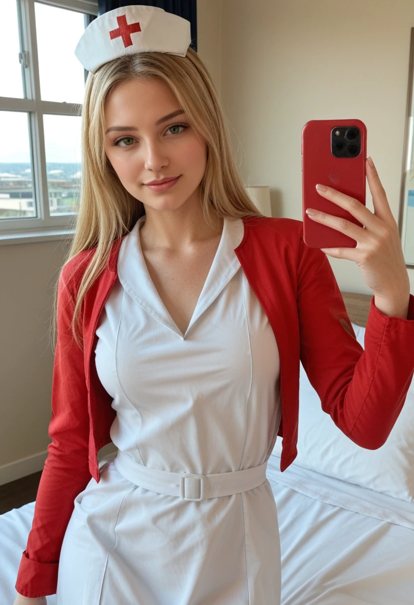 very awa, masterpiece, best quality, absurdres, newest, perfect quality, detailed background, intricate details
<lora:ILSHL1sa:1>
SHL1sa, 1girl, long hair, blonde hair, green eyes, nurse cap, nurse, red jacket, looking at viewer, on a bed, selfie, sun rays, window, dynamic pose