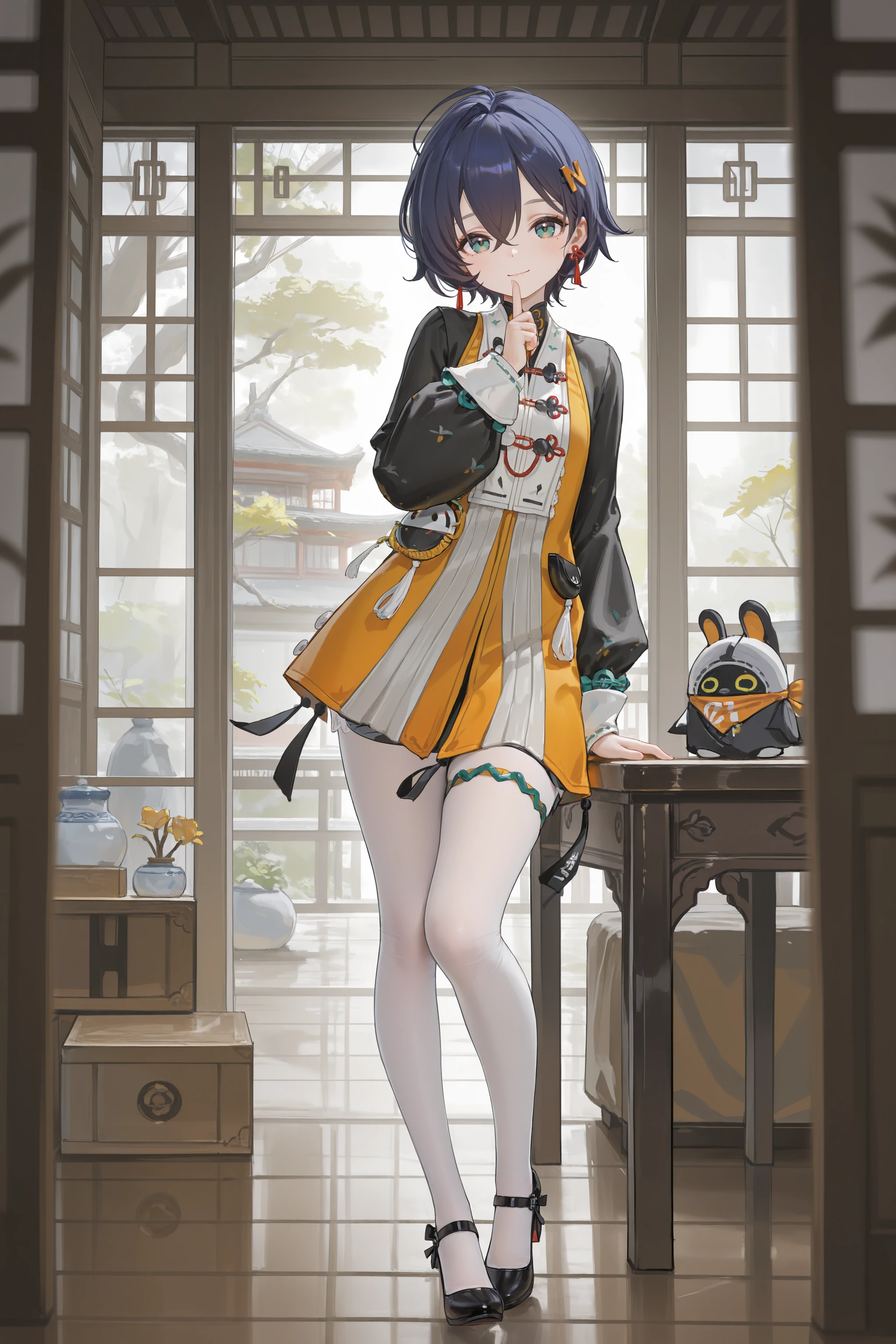 1girl, belle \(zenless zone zero\), letter hairclip, tassel earrings, puffy long sleeves, yellow sleeveless dress, white pantyhose, thigh strap, block heels, full body, standing, contrapposto, contrapposto, finger to mouth, looking at viewer, light smile, east asian architecture, indoors, depth of field, table <lora:Char-ZZZ-Belle-V2-IL:0.9:hr=0.6>, (fkey:0.5), (fuzichoco:0.6), ningen mame, sho lwlw, (rhasta:0.9), (wlop:0.7), (ke-ta:0.6), chen bin, (hyouuma:0.8)
masterpiece, best quality, amazing quality, very aesthetic, absurdres, newest, (scenery, volumetric lighting)