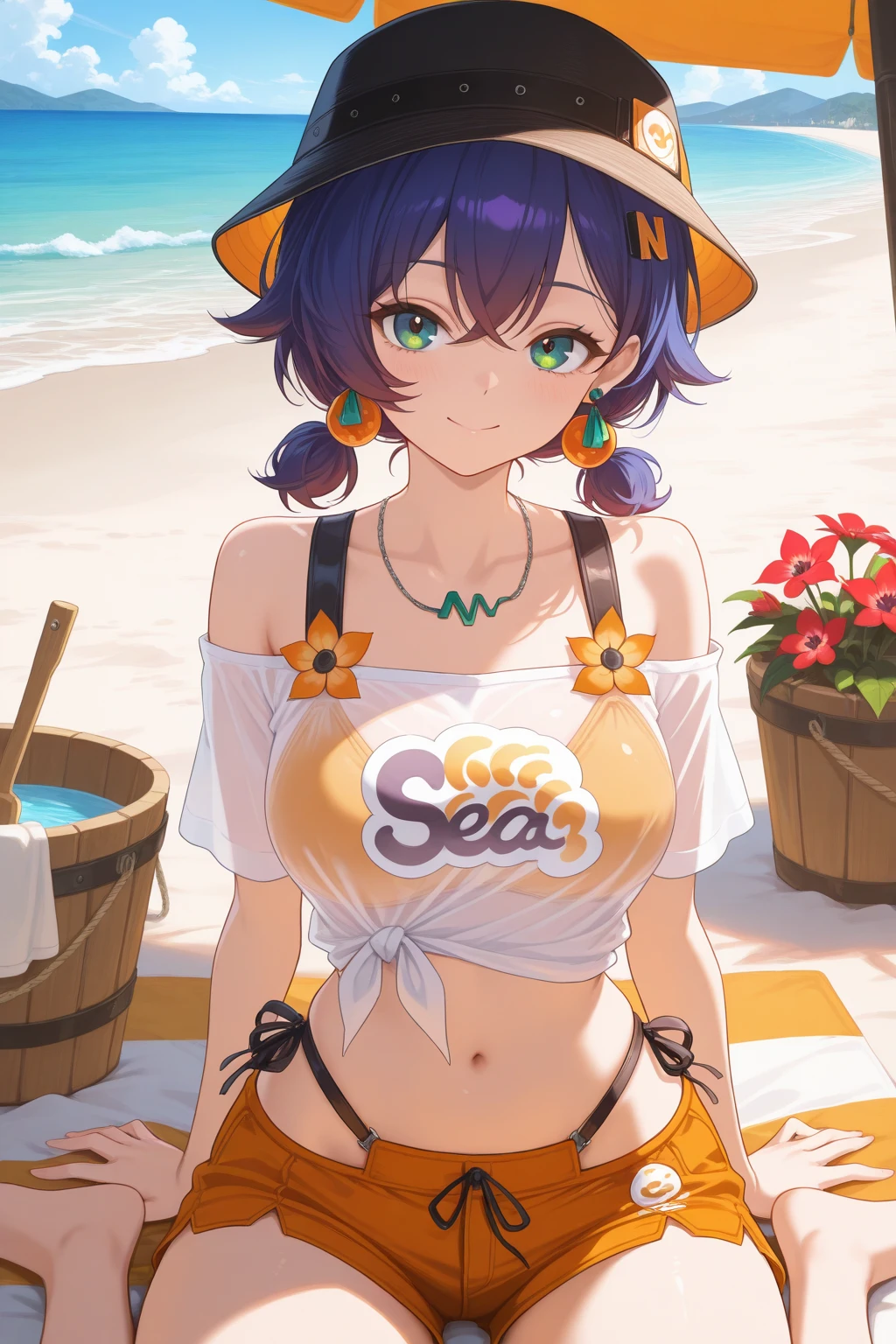 very awa, (vivid colors), detailed eyes, shining eyes, masterpiece, best quality, ultra-detailed, (8k), (hdr), (ultra-detailed), absurdres, looking at viewer, solo, 1girl, girl, outdoors, beach, day, smile, aabelle, green eyes, blue hair, short twintails, multicolored hair, bellebeach, bucket hat, earrings, swimsuit, white shirt, short sleeves, bare shoulders, off-shoulder shirt, see-through shirt, red flower, side-tie shirt, orange bikini, navel, orange shorts, short shorts, highleg bikini, bikini under clothes, ((sitting, wariza, cowboy shot))