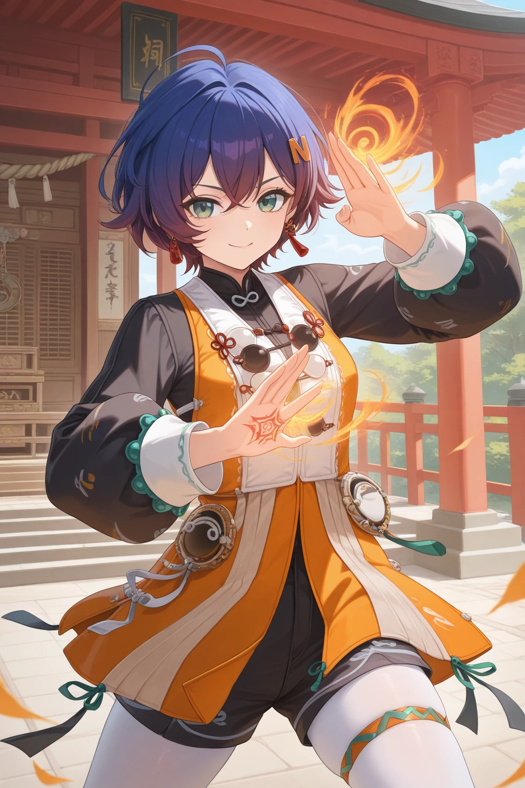 very awa, (vivid colors), detailed eyes, shining eyes, masterpiece, best quality, ultra-detailed, (8k), (hdr), (ultra-detailed), absurdres, looking at viewer, solo, 1girl, girl, outdoors, shrine, day, smile, aabelle, green eyes, blue hair, multicolored hair, ahoge, bellewaifei, hair ornament, tassel earrings, orange dress, black sleeves, puffy long sleeves, black shorts, white pantyhose, thigh strap, ((standing, fighting stance, magic spell, cowboy shot))