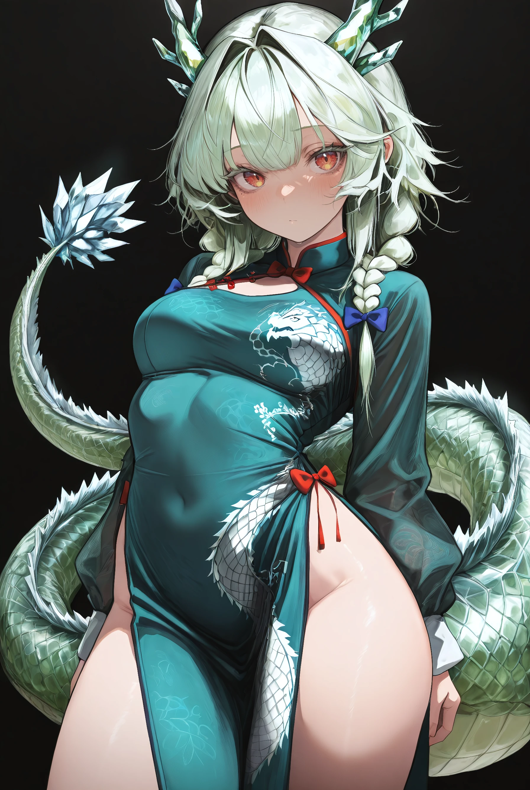 (), masterpiece, best quality, amazing quality, very aesthetic, (black background), solo, (Chinese green dragon girl, , tail), chinese dress, bows
