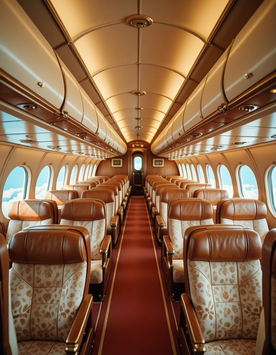 A retro airplane interior from the golden age of air travel, completely empty of people. Rows of wide, plush seats upholstered in rich, patterned fabric face forward, with ample legroom and polished wooden armrests. Overhead storage bins are replaced by open luggage racks, lined with brass rails. Soft, warm lighting glows from art decoâstyle fixtures along the ceiling, reflecting off chrome accents and glossy paneling. Large oval windows offer glimpses of a bright blue sky and drifting clouds. The cabin exudes a sense of elegance and nostalgia, with every detail evoking the glamour of mid-20th-century aviation.retro airplane 1nt3r10r, <lora:retro_airplane_1nt3r10r-i:1>, Masterpiece,best quality,hi res,8k,hi res,8k,award winning,(sharp focus, intricate, highly detailed),