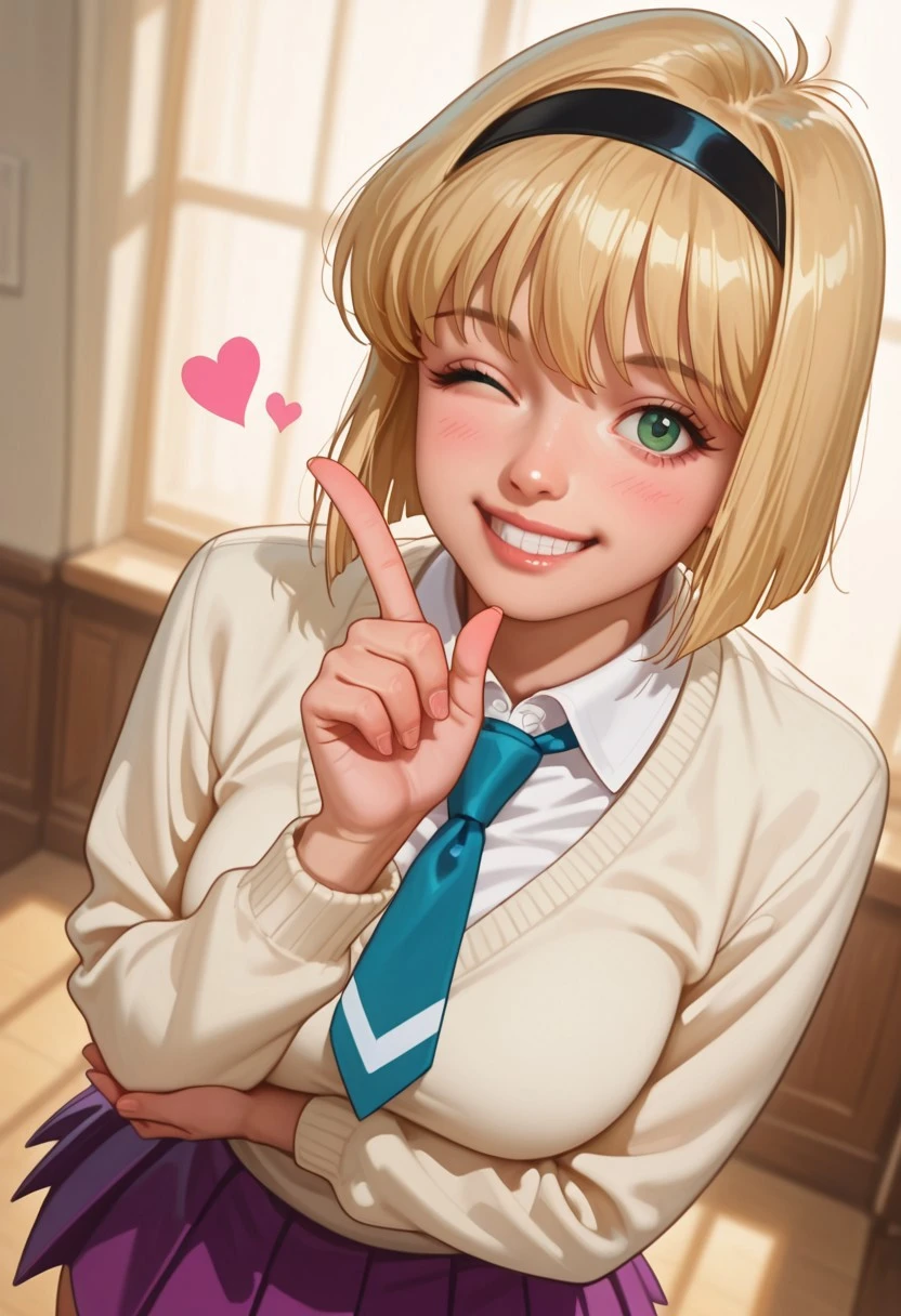 (fine fabric emphasis:1.2), (((masterpiece, amazing quality, best quality, ultra-detailed, 8K, illustration, amazing quality, newest, absurdres, realistic))), highres, very aesthetic, absurd res, hi res, very awa, dynamic angle, refined, volumetric lighting, cinematic lighting, blurry background, close up vivid colors, ((source_realistic:1.6)), hyper detailed depth of field,
BREAK,
1girl, Miki Hosokawa (/Jigoku Sensei Nube)/, (ultra HD quality details), blonde hair, (green eyes), beautiful face, short hair, black hairband,
school uniform_2, light green long-sleeve sweater, sleeves folded to elbow, white shirt collar, blue necktie, pleated miniskirt, purple skirt with white lines, white knee-high socks
BREAK,
anime, 90s anime style, winking, smiling, cheerful expression, raised index finger, pointing upward, upper body shot, pink bubble background, cute pose, energetic