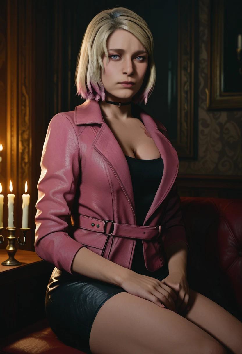 very awa, masterpiece, best quality, absurdres, newest, perfect quality, detailed background, intricate details
<lora:ILSH2RMaria:1>
SH2RMaria, 1girl, blue eyes, blonde hair, pink hair, gradient hair, short hair, realistic, looking at viewer, candle, cleavage, sitting, indoors, long sleeves, cardigan, closed mouth, candlestand, open clothes, sweater, jacket, thighs