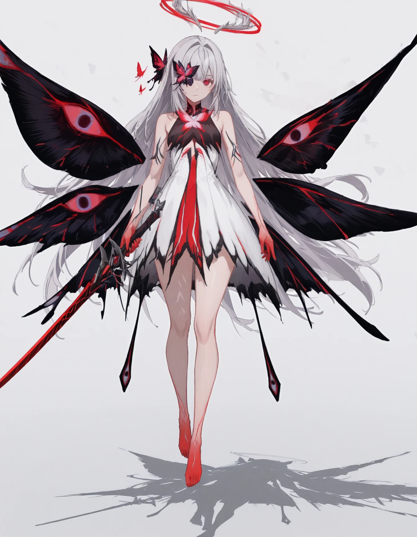 masterpiece,best quality,amazing quality,very aesthetic,high resolution,ultra detailed,perfect details,
1girl,solo,red eyes,<lora:mai_pgr_chaos:1>,maipgrchaos2,1girl,solo,long_hair,looking_at_viewer,hair_ornament,red_eyes,dress,holding,closed_mouth,bare_shoulders,very_long_hair,full_body,grey_hair,weapon,sidelocks,wings,barefoot,sword,grey_background,white_dress,holding_weapon,halo,bare_legs,shadow,holding_sword,floating,butterfly_hair_ornament,red_halo,insect_wings,floating_object,butterfly_wings,multiple_wings,gradient_skin,hair down,butterfly over eye, 
<lora:96YOTTEA-WAI:1>,