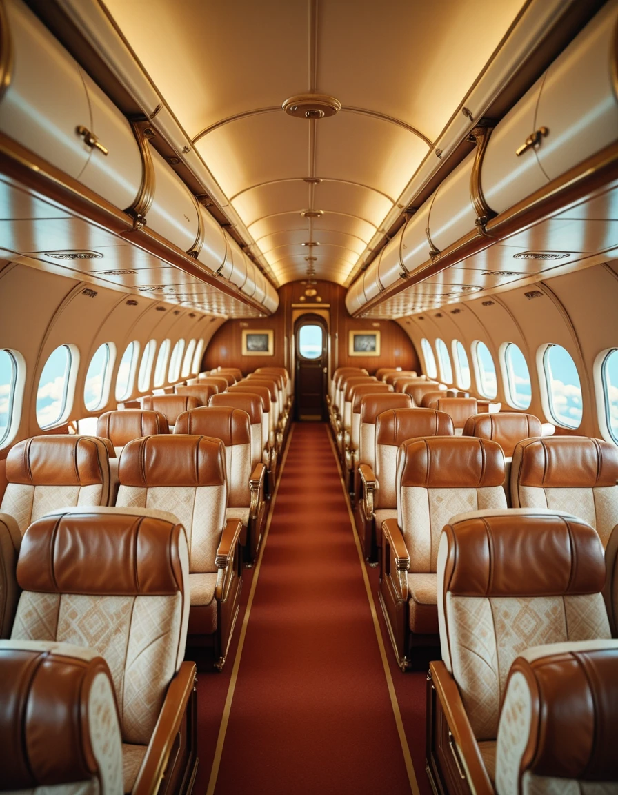 A retro airplane interior from the golden age of air travel, completely empty of people. Rows of wide, plush seats upholstered in rich, patterned fabric face forward, with ample legroom and polished wooden armrests. Overhead storage bins are replaced by open luggage racks, lined with brass rails. Soft, warm lighting glows from art decoâstyle fixtures along the ceiling, reflecting off chrome accents and glossy paneling. Large oval windows offer glimpses of a bright blue sky and drifting clouds. The cabin exudes a sense of elegance and nostalgia, with every detail evoking the glamour of mid-20th-century aviation.retro airplane 1nt3r10r, <lora:retro_airplane_1nt3r10r-i:1>, Masterpiece,best quality,hi res,8k,hi res,8k,award winning,(sharp focus, intricate, highly detailed),