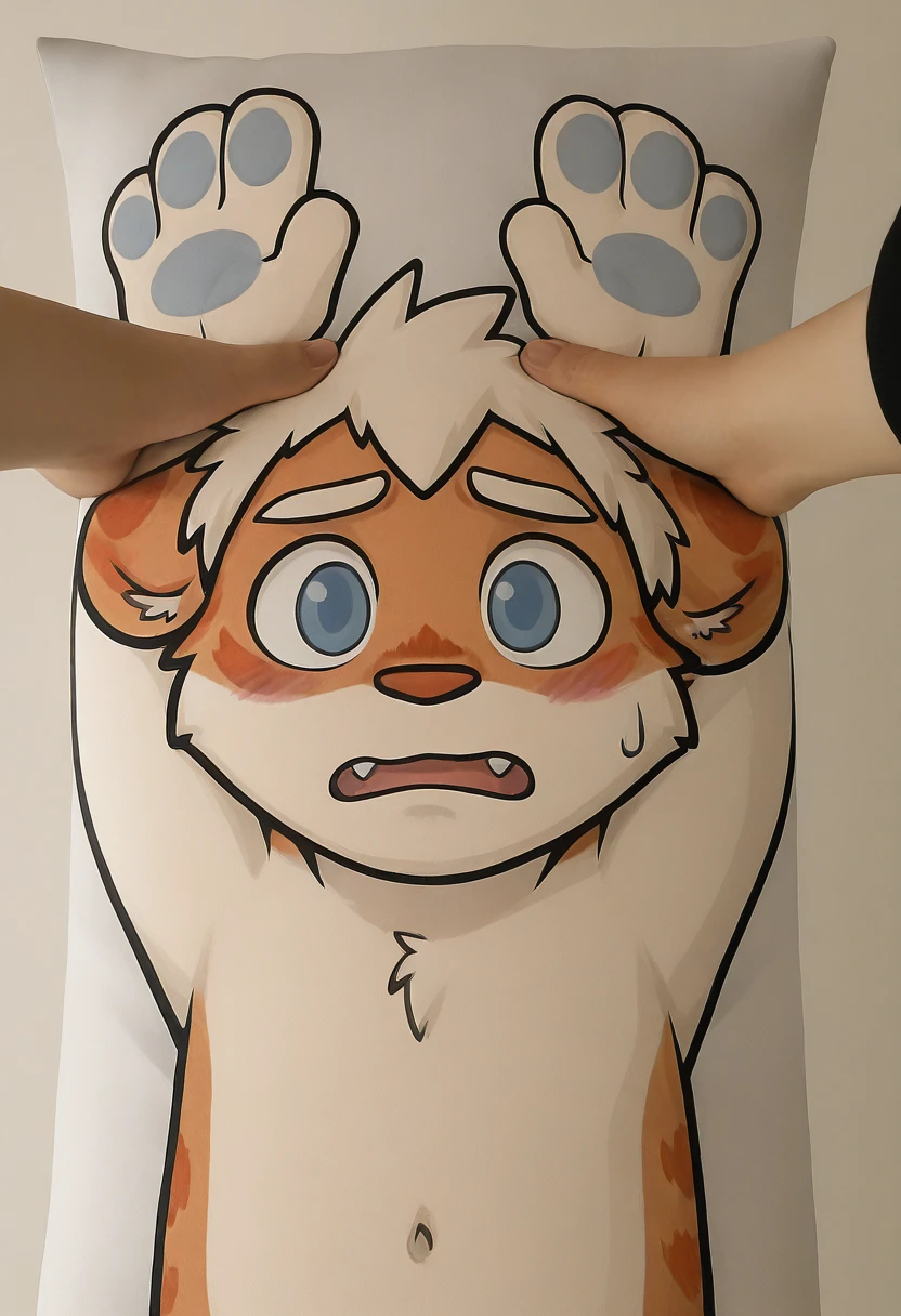 <lora:pillow_sus-il:0.95>, mikus-concept, realistic human hands, dakimakura BREAK, blush, hands up, simple background, BREAK, furry, <lora:Milkytiger:0.75>, <lora:milkytiger_Illustrious-10:1.2>, milky-tiger, white hair, blue eyes, tiger