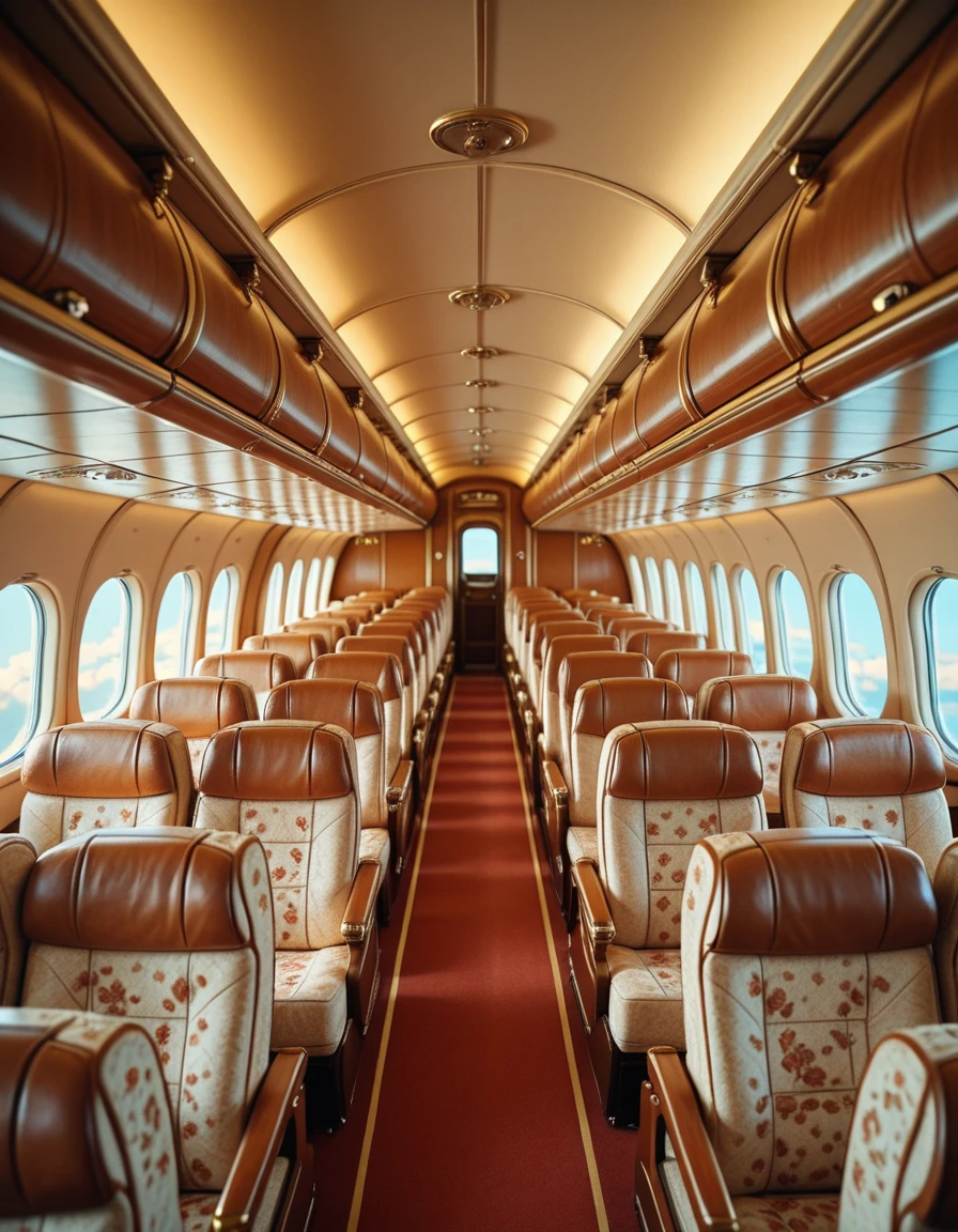 A retro airplane interior from the golden age of air travel, completely empty of people. Rows of wide, plush seats upholstered in rich, patterned fabric face forward, with ample legroom and polished wooden armrests. Overhead storage bins are replaced by open luggage racks, lined with brass rails. Soft, warm lighting glows from art decoâstyle fixtures along the ceiling, reflecting off chrome accents and glossy paneling. Large oval windows offer glimpses of a bright blue sky and drifting clouds. The cabin exudes a sense of elegance and nostalgia, with every detail evoking the glamour of mid-20th-century aviation.retro airplane 1nt3r10r, <lora:retro_airplane_1nt3r10r-i:1>, Masterpiece,best quality,hi res,8k,hi res,8k,award winning,(sharp focus, intricate, highly detailed),
