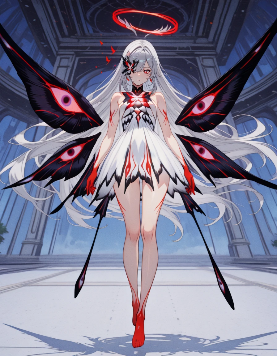 masterpiece,best quality,amazing quality,very aesthetic,high resolution,ultra detailed,perfect details,
1girl,solo,looking_at_viewer,<lora:mai_pgr_chaos:0.8>,maipgrchaos,very_long_hair,red_eyes,bare_shoulders,grey_hair,sidelocks,butterfly over eye,white_dress,floating,multiple_wings,barefoot,no halo,red halo,
<lora:retro_scifi_artstyle:1>,retro_artstyle,