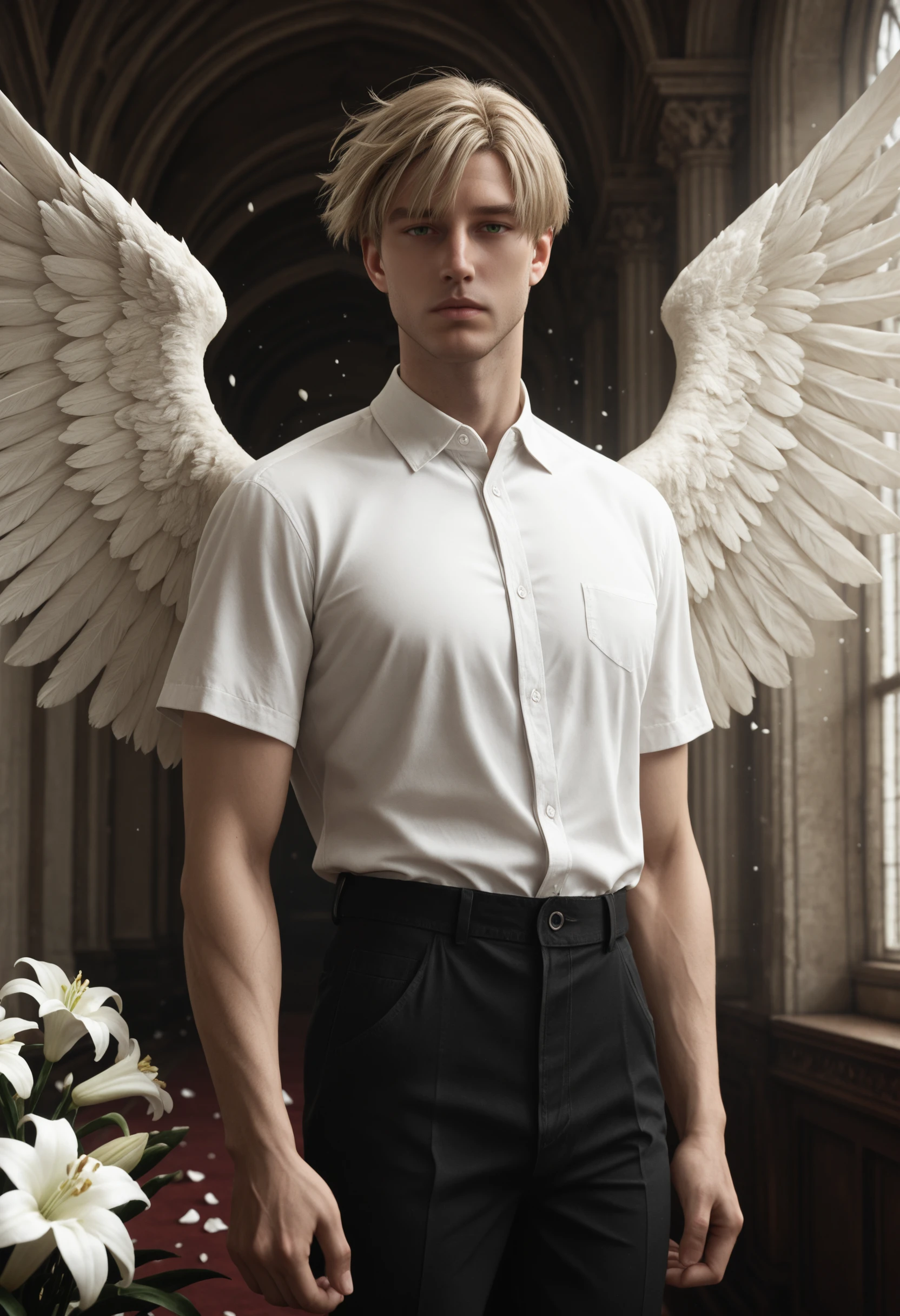 very awa, masterpiece, best quality, absurdres, newest, perfect quality, detailed background, intricate details
<lora:ILSH2RJames:1.0>
SH2RJames, 1boy, male focus, short hair, blonde hair, green eyes, looking at viewer, male focus, white flower, feathered wings, white shirt,lily (flower), black pants, petals, light particles, angel wings, bishounen, short sleeves, indoors, floating hair, standing, arms at sides, cowboy shot, white wings, shirt tucked in