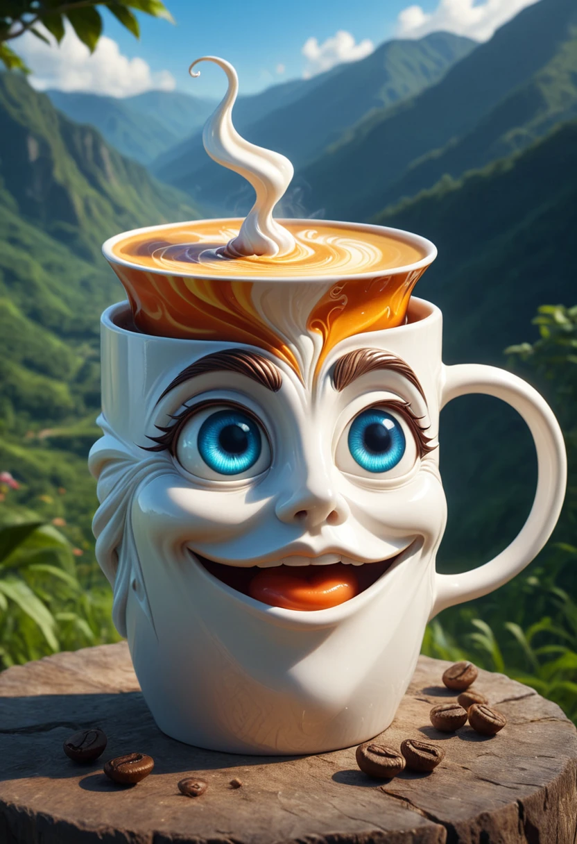 A mage hat as a coffee cup in mobe-ancofmu style, anthropomorph, in a natur background, masterpiece, absurdres, dynamic angle, highly detailed, <lora:AnthropomorphicCoffeeMugV2.0:0.85>,