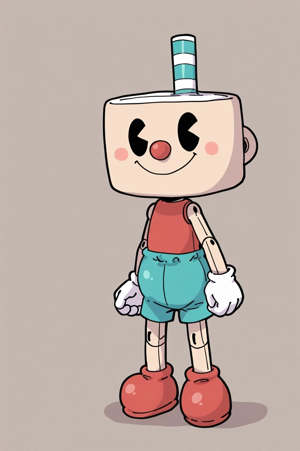 CuppetPuphead, 1boy, wooden marionette, beige cup-shaped head with a teal-and-white straw, red round nose, black oval eyes, no sclera, red shirt, teal shorts, white gloves, red shoes, Wooden hinge joints, solo, full body
