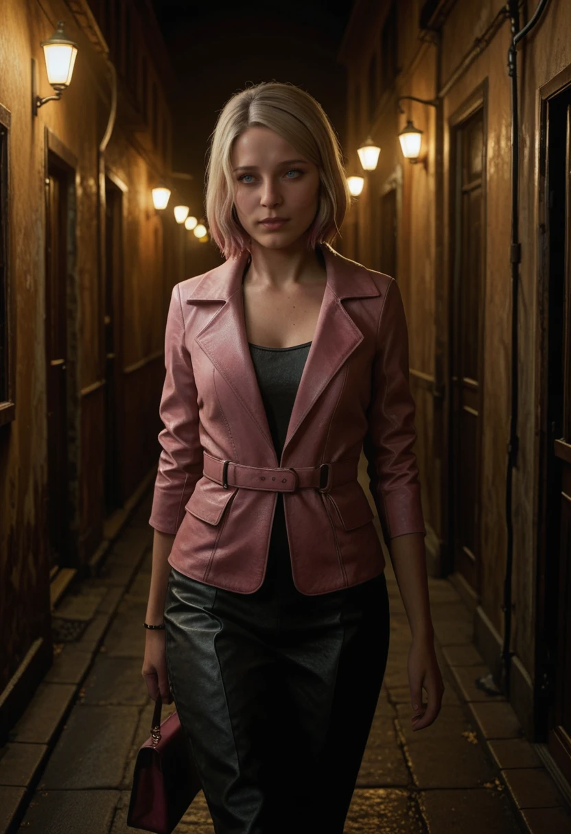 very awa, masterpiece, best quality, absurdres, newest, perfect quality, detailed background, intricate details
<lora:ILSH2RMaria:1>
SH2RMaria, 1girl, blue eyes, blonde hair, pink hair, gradient hair, short hair, realistic, looking at viewer, walking alone down a dark, narrow alley at night, cinematic atmosphere, stylish modern outfit, moody soft lighting