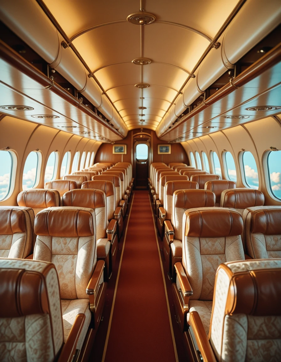 A retro airplane interior from the golden age of air travel, completely empty of people. Rows of wide, plush seats upholstered in rich, patterned fabric face forward, with ample legroom and polished wooden armrests. Overhead storage bins are replaced by open luggage racks, lined with brass rails. Soft, warm lighting glows from art decoâstyle fixtures along the ceiling, reflecting off chrome accents and glossy paneling. Large oval windows offer glimpses of a bright blue sky and drifting clouds. The cabin exudes a sense of elegance and nostalgia, with every detail evoking the glamour of mid-20th-century aviation.retro airplane 1nt3r10r, <lora:retro_airplane_1nt3r10r-i:1>, Masterpiece,best quality,hi res,8k,hi res,8k,award winning,(sharp focus, intricate, highly detailed),