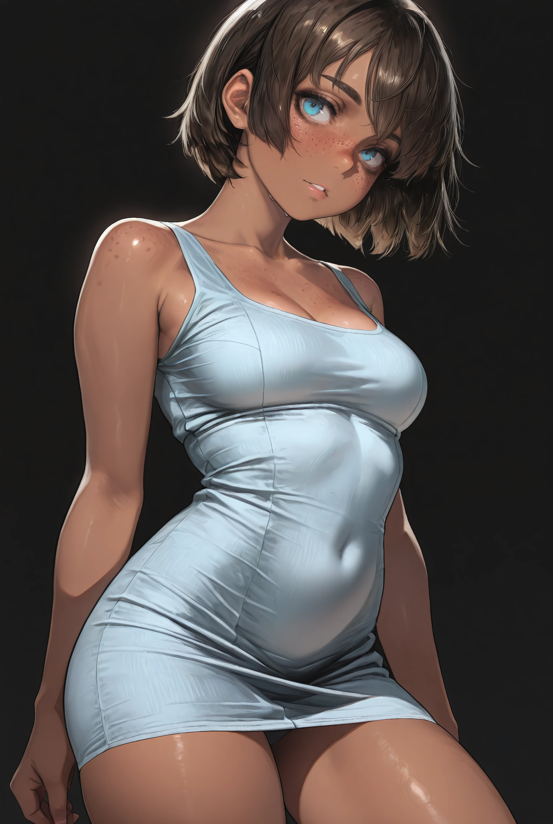 (), masterpiece, best quality, amazing quality, very aesthetic, (black background), (girl, brown hair,short hair, brown skin, blue eyes, , freckles,), pencil dress