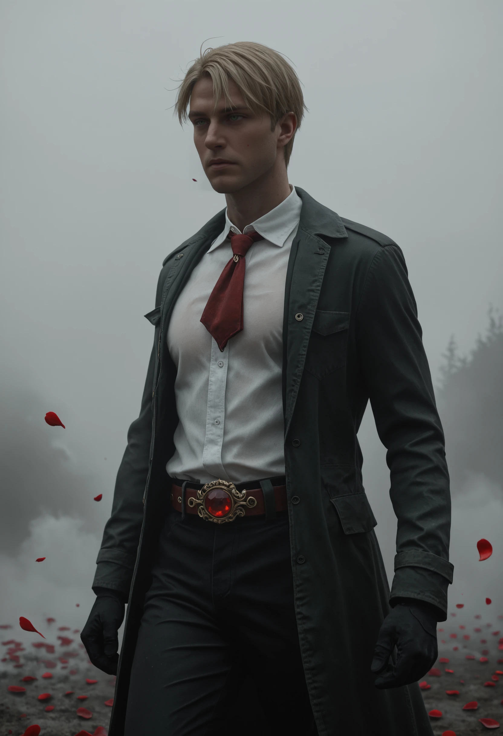 very awa, masterpiece, best quality, absurdres, newest, perfect quality, detailed background, intricate details
<lora:ILSH2RJames:1.0>
SH2RJames, 1boy, male focus, short hair, blonde hair, green eyes, elegant collared white shirt, open shirt, untucked shirt, red ascot, red gemstone, black pants, belt, ornate belt buckle, black gloves, floating hair, floating clothes, expressionless, fog, light particles, glowing, darkness, falling red petals,dynamic pose, dramatic lighting, depth of field, blurry foreground, bloom