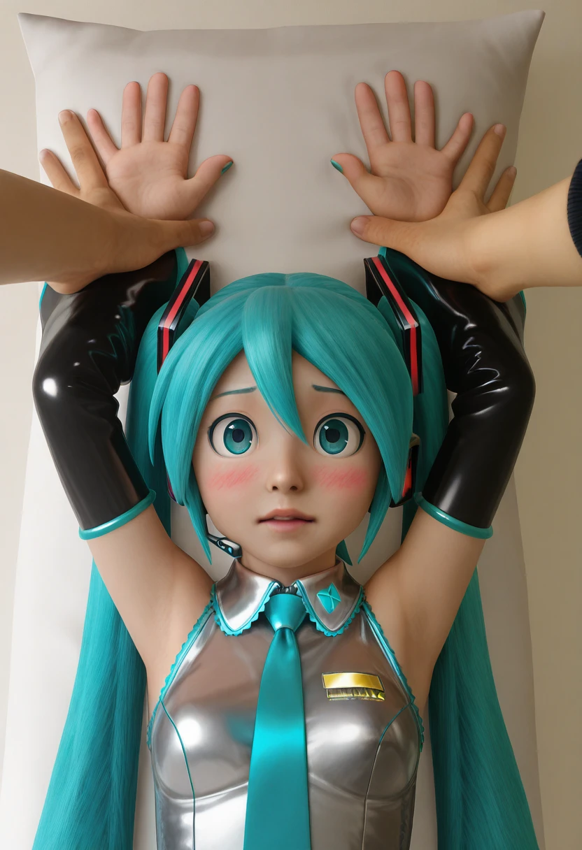 <lora:pillow_sus-il:0.75>, mikus-concept, realistic human hands, dakimakura BREAK, blush, hands up, simple background, BREAK, human, hatsune miku, hatsune miku costume, blue eyes, blue hair, long hair