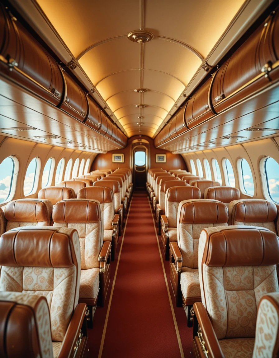 A retro airplane interior from the golden age of air travel, completely empty of people. Rows of wide, plush seats upholstered in rich, patterned fabric face forward, with ample legroom and polished wooden armrests. Overhead storage bins are replaced by open luggage racks, lined with brass rails. Soft, warm lighting glows from art decoâstyle fixtures along the ceiling, reflecting off chrome accents and glossy paneling. Large oval windows offer glimpses of a bright blue sky and drifting clouds. The cabin exudes a sense of elegance and nostalgia, with every detail evoking the glamour of mid-20th-century aviation.retro airplane 1nt3r10r, <lora:retro_airplane_1nt3r10r-i:1>, Masterpiece,best quality,hi res,8k,hi res,8k,award winning,(sharp focus, intricate, highly detailed),