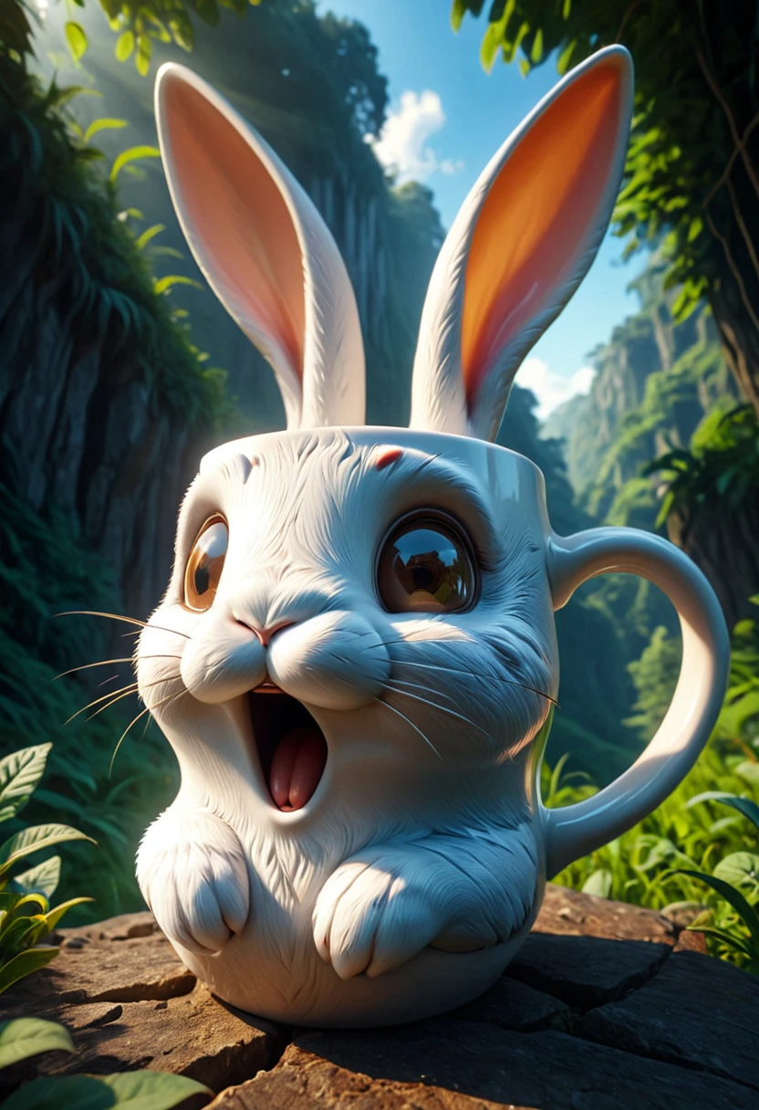A bunny as a mug in mobe-ancofmu style, from below angle, in a natur background, masterpiece, absurdres, dynamic angle, highly detailed, <lora:AnthropomorphicCoffeeMugV2.0:0.95>,