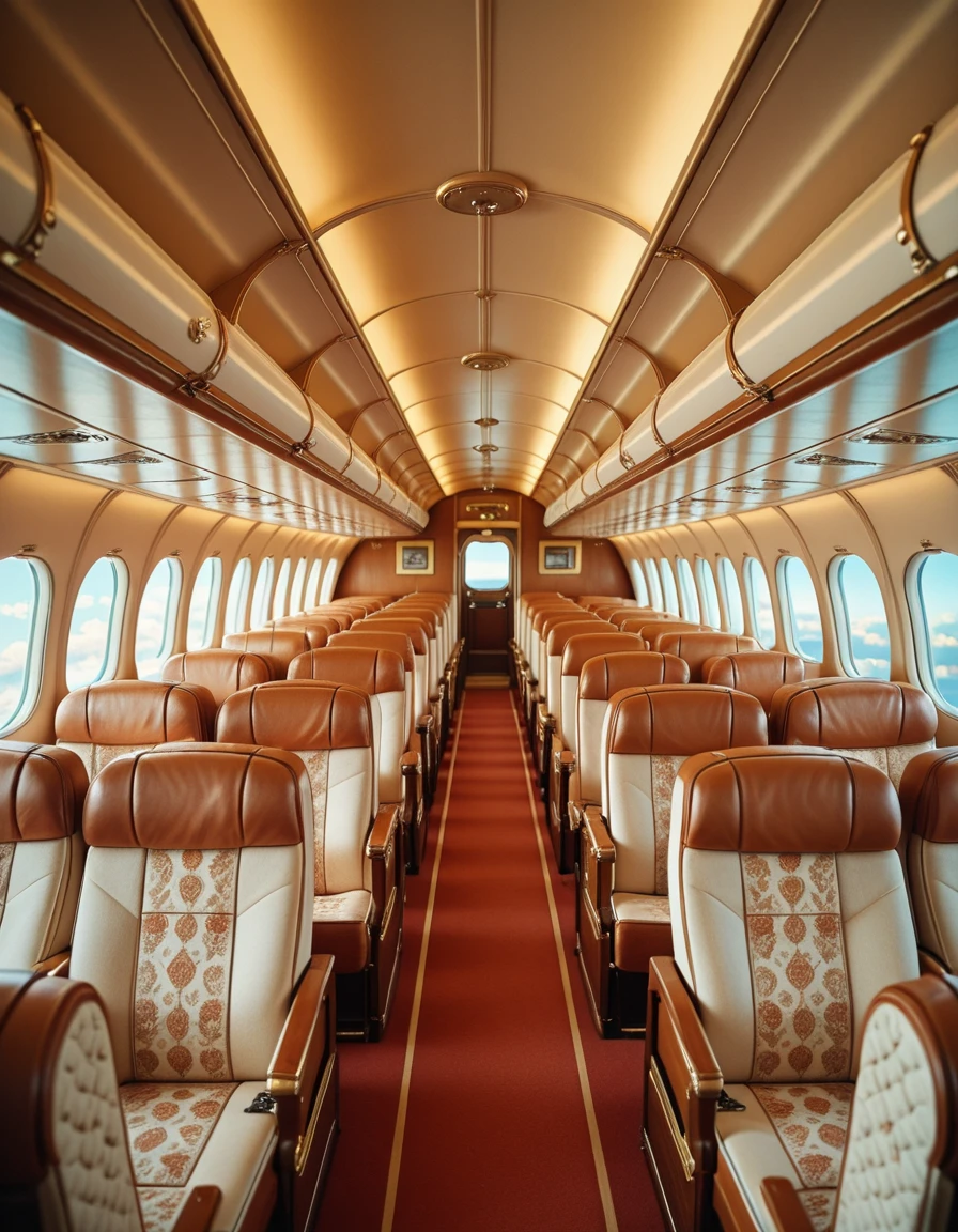 A retro airplane interior from the golden age of air travel, completely empty of people. Rows of wide, plush seats upholstered in rich, patterned fabric face forward, with ample legroom and polished wooden armrests. Overhead storage bins are replaced by open luggage racks, lined with brass rails. Soft, warm lighting glows from art decoâstyle fixtures along the ceiling, reflecting off chrome accents and glossy paneling. Large oval windows offer glimpses of a bright blue sky and drifting clouds. The cabin exudes a sense of elegance and nostalgia, with every detail evoking the glamour of mid-20th-century aviation.retro airplane 1nt3r10r, <lora:retro_airplane_1nt3r10r-i:1>, Masterpiece,best quality,hi res,8k,hi res,8k,award winning,(sharp focus, intricate, highly detailed),