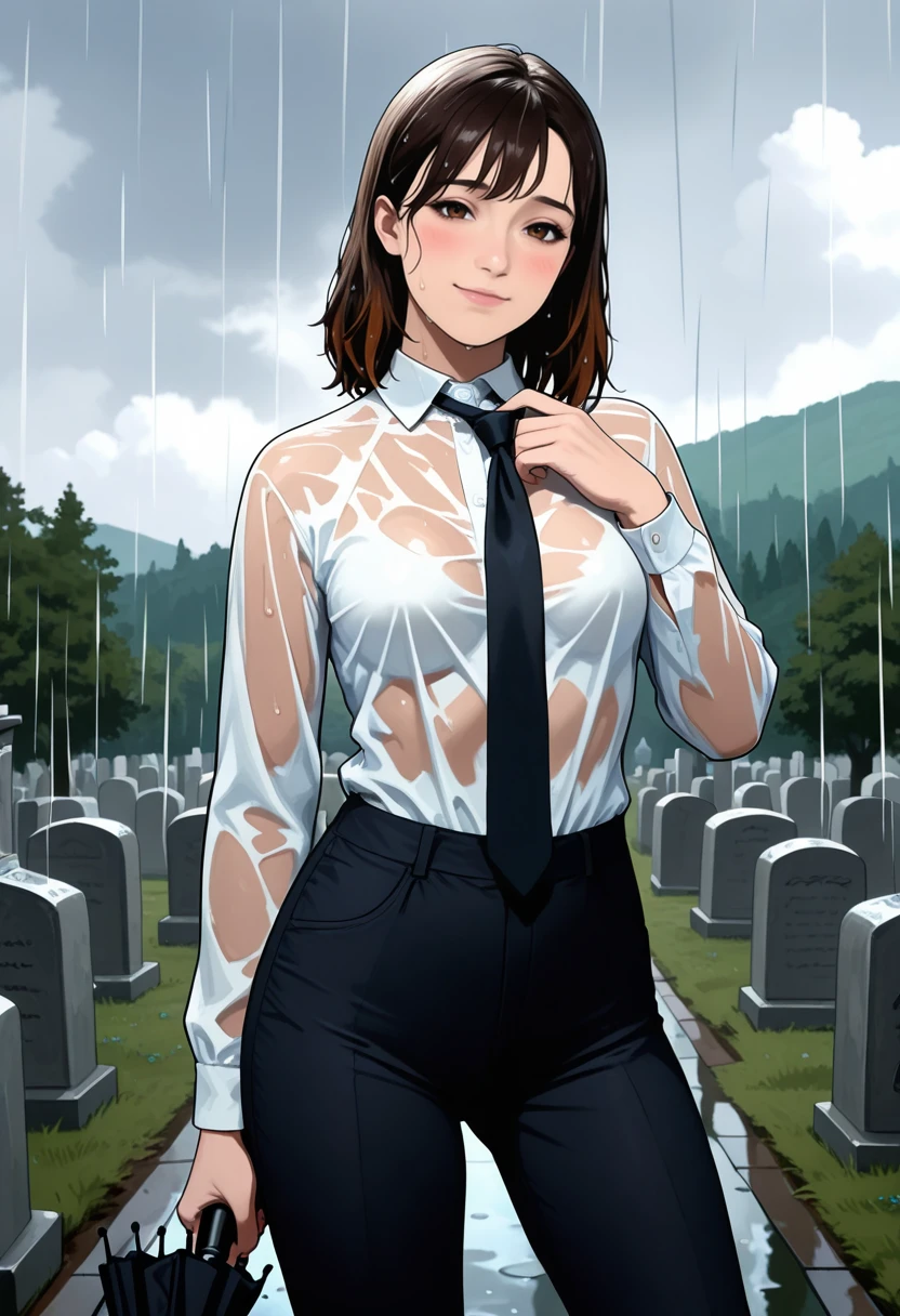 very awa, masterpiece, best quality, absurdres, newest, perfect quality, detailed background, intricate details,
<lora:ILSH2RAngela:1>
SH2RAngela, 1girl, brown hair, medium hair, brown eyes, graveyard, outdoors, tombstone, rain, contrapposto, , head tilt, white shirt, collared shirt, shirt tucked in, long sleeves, black pants, black necktie, cloud, standing, wet clothes, wet, wet hair, looking at viewer, cowboy shot, see-through, wet shirt, no bra, adjusting necktie, hand up, blush, closed mouth, holding umbrella, light smile