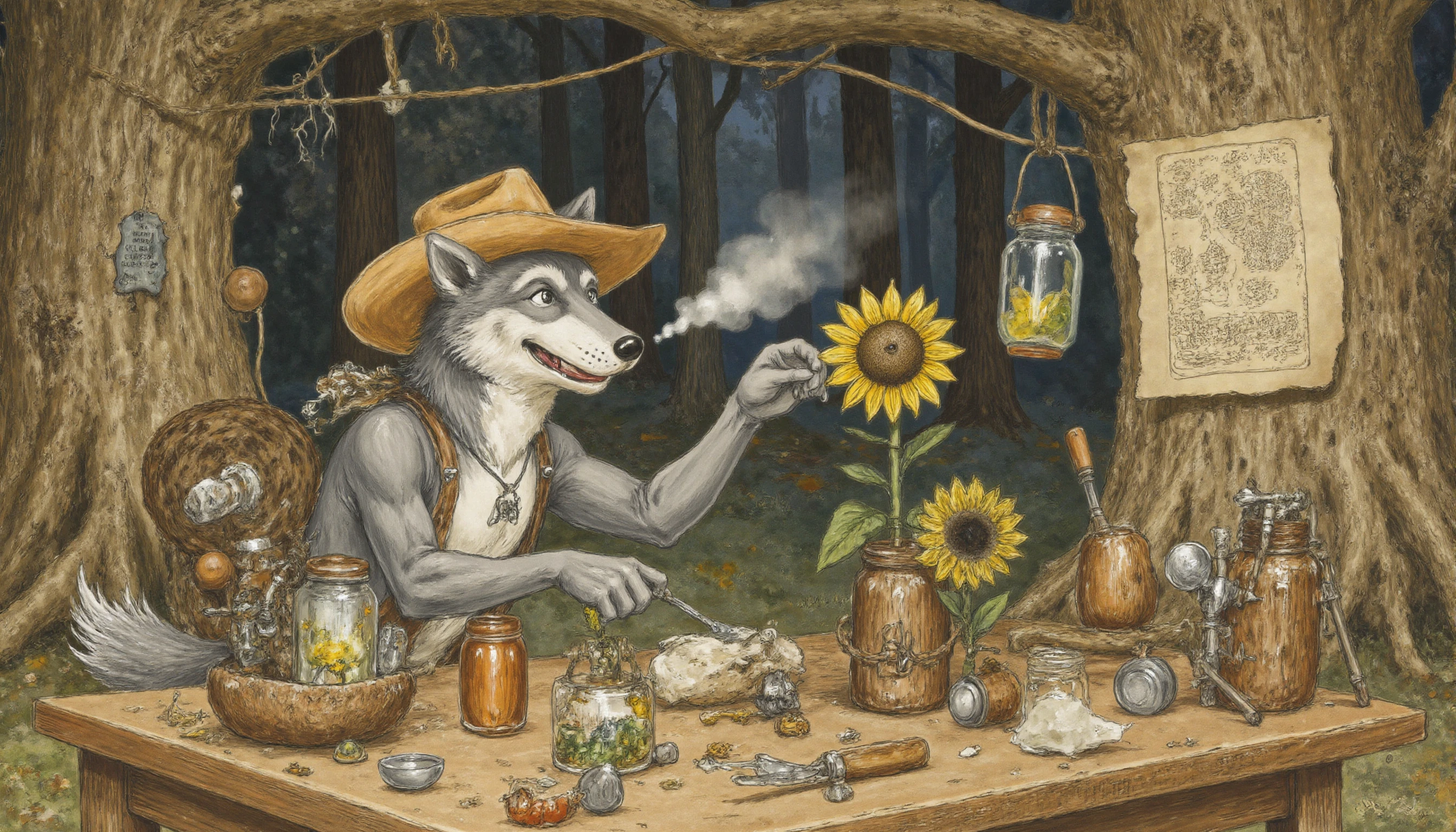 Norman Rockwell style Rembrandt van Rijn style <lora:timokha:1>,  5. Timokha the Inventor â The Workshop at Dusk
A wolf in a makeshift workshop under a tree root, surrounded by gadgets made from jars, sticks, and rubber bands. Heâs adjusting a tiny windmill made from a sunflower and a spoon, testing it with a puff of breath. His cowboy hat is pushed back, revealing focused eyes. Tools hang from twine, and a lantern made of a firefly jar glows softly. Background: twilight forest, fireflies blinking like stars. Style: whimsical childrenâs book illustration, soft watercolor textures, warm lighting. Mood: thoughtful, creative, quietly brilliant. Symbol: a blueprint pinned to the wall, labeled âScooter 2.0 â With Wings?â . Baroque, self-portrait, chiaroscuro, etching, "Rococo . Realistic, narrative, Americana, detailed, "abstract