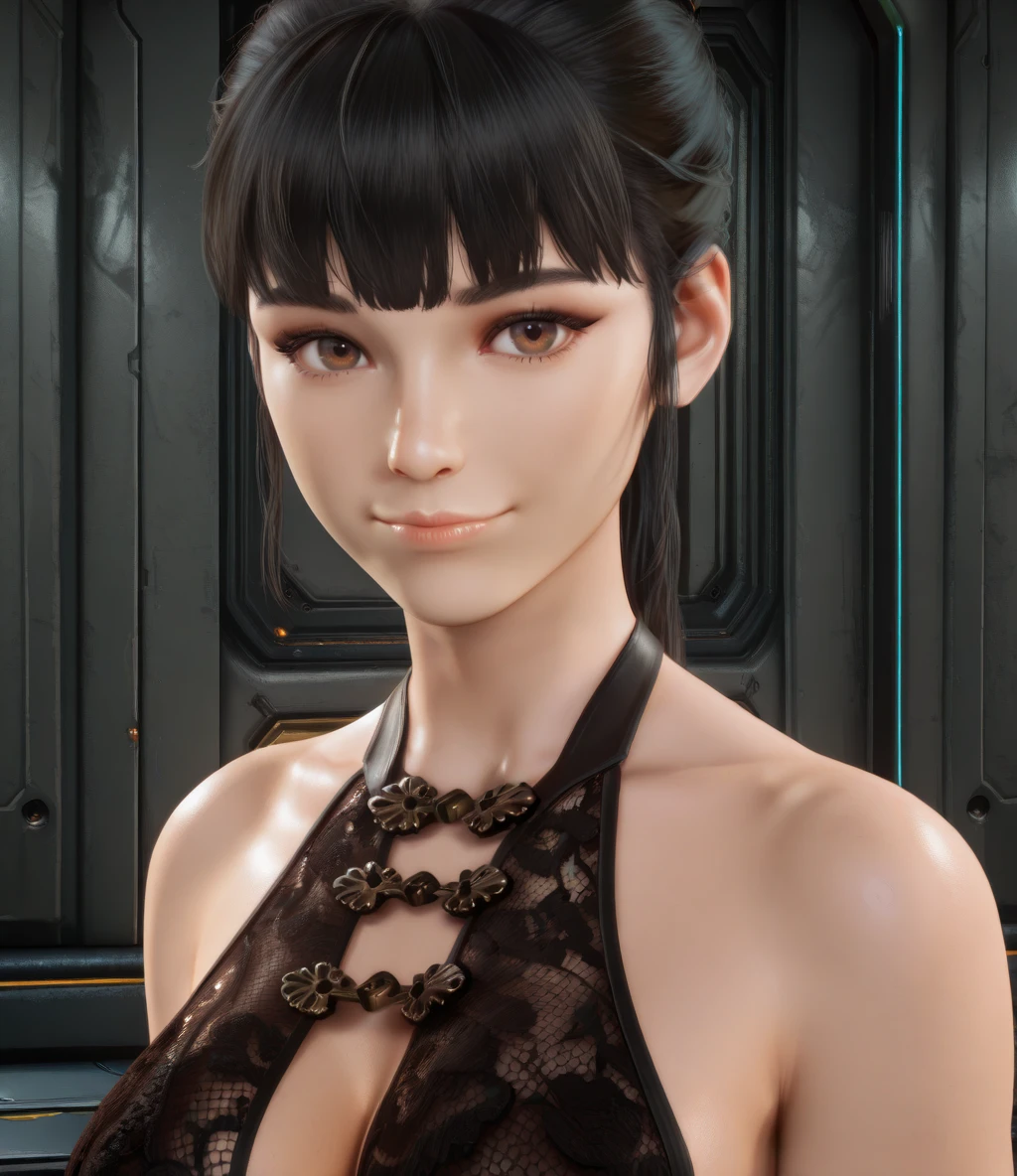 evesbxl, black hair, brown eyes,
black lingerie, light smile, close up,
upper body, looking at viewer, cleavage,
indoors, science fiction, wall,
(insanely detailed, masterpiece, best quality), <lora:eveSBxl-12v1-ILL:0.9>,