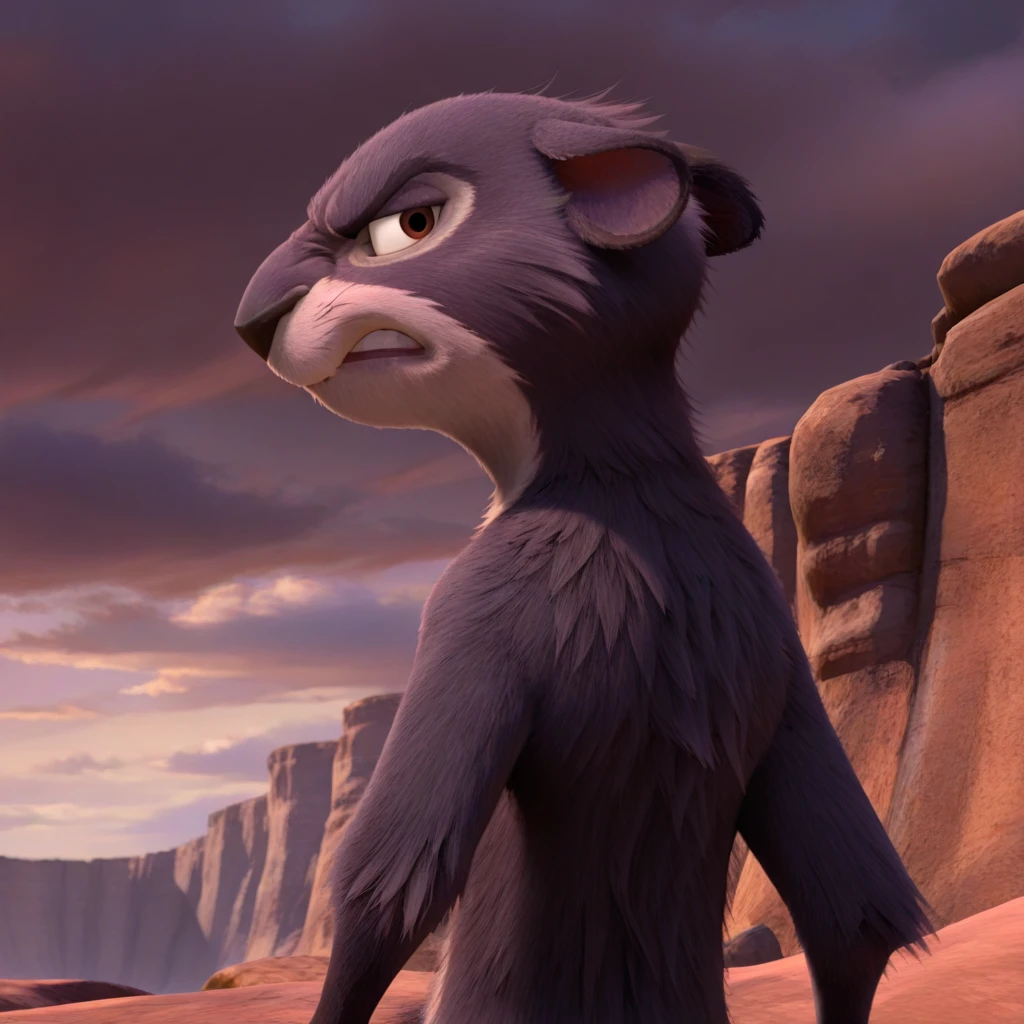 <lora:Surly_Squirrel_Nut_Job_-_Illustrious:1> Surly, 1boy, 3d, portrait, from behind, looking back, serious, angry, canyon, cloudy, dark sky, masterpiece