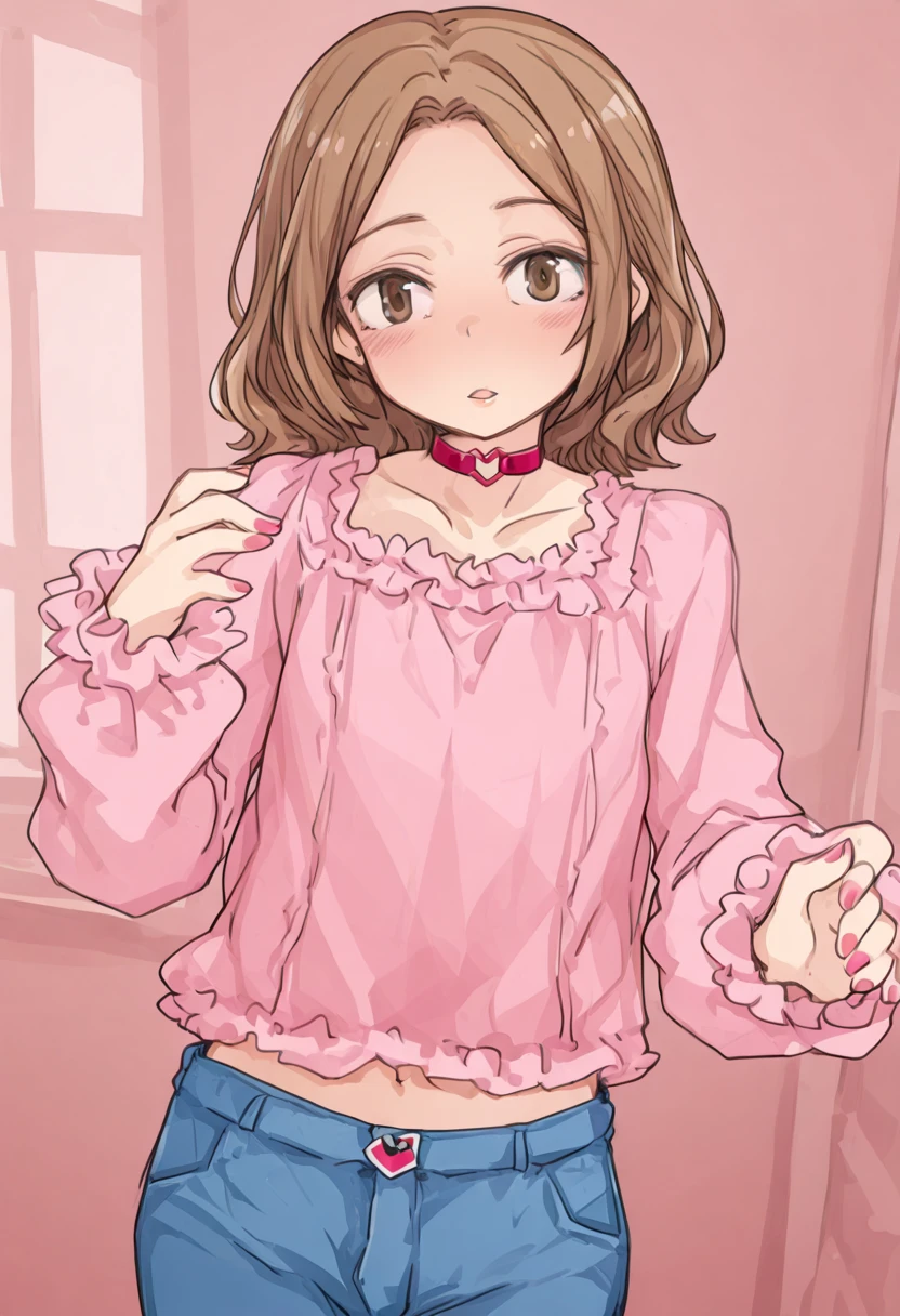 1boy, solo, otoko no ko, male focus, pink choker, heart o-ring choker, pink nails, blue pants, denim, shirt, long sleeves, frilled sleeves, parted lips, indoors, wall, window, parted bangs <lora:SWEETTABOO_Sissy_a_la_Carte:1> <lora:Heart_O-Ring_Choker_V1.1:1>
