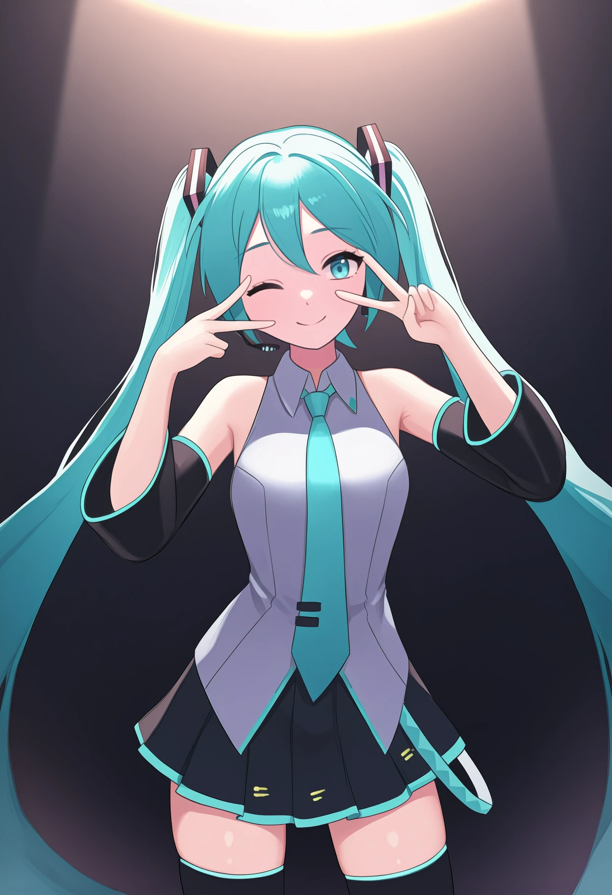 newest, cowboy shot, solo, 1girl, smile, looking at viewer, standing, double v, v over eye, one eye closed, spotlight, (hatsune miku, vocaloid:0.7), long hair, aqua hair, hair between eyes, twintails, hair ornament, headset, aqua eyes, grey shirt, collared shirt, sleeveless shirt, untucked shirt, aqua necktie, black sleeves, detached sleeves, black skirt, pleated skirt, black thighhighs <segment:yolo-Anzhc Face seg 640 v3 y11n.pt,0.5,0.5//cid=11>