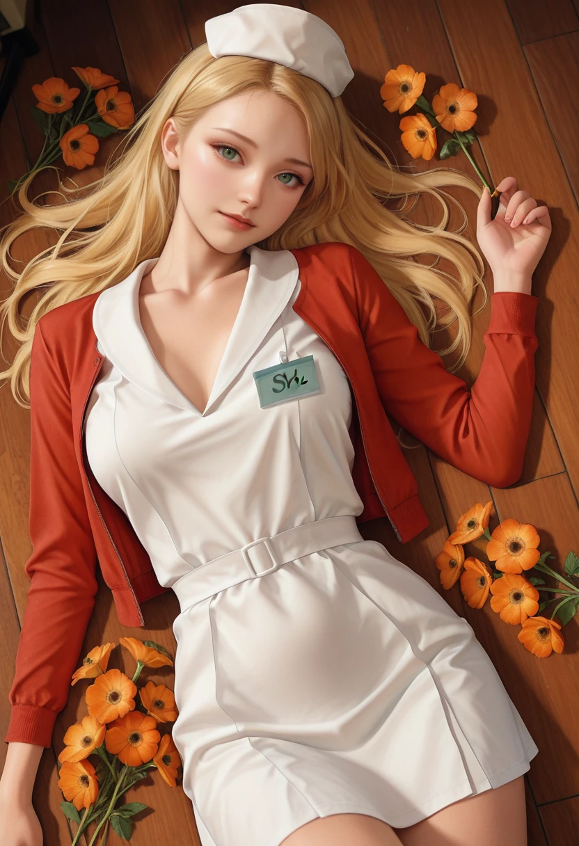 very awa, masterpiece, best quality, absurdres, newest, perfect quality, detailed background, intricate details
<lora:ILSHL1sa:1>
SHL1sa, 1girl, long hair, blonde hair, green eyes, nurse cap, nurse, red jacket, looking at viewer, from above, lying on the floor in the middle of an orange flowers meadow with the sunset in the background, vivid colors