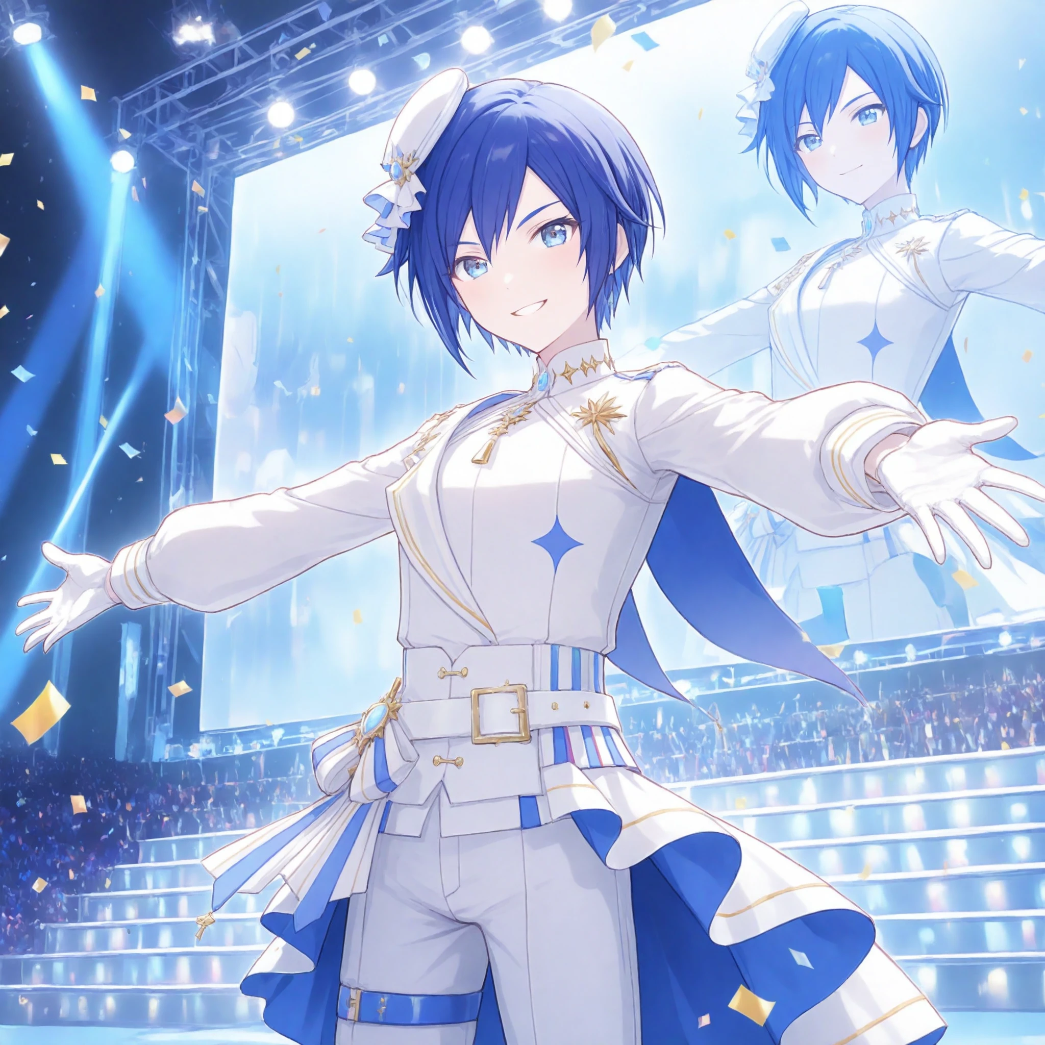 nijistyle, 1boy, (kaito:0.2), project sekai, solo,
sdki, blue hair, blue small eyes, grin, closed mouth,
looking at viewer, outstretched arms, (dynamic pose:1.2), cowboy shot,
white headwear, white gloves, white pants, puffy long sleeves, thigh strap, white belt, white jacket, thigh belt, tilted headwear, high collar, blue belt, bow, buckle, white shirt, belt buckle, single waistcoat,
stage light, neon light, confetti-flurry, psyllium, auditorium is filled with spectator, glowing, ray tracing,
masterpiece, amazing quality, very aesthetic, ultra detailed, highres,
<lora:hand 5.5:1>, <lora:ObIL-style-nijistyle02:0.6>, <lora:ObIL-vs-SunshineDreamKi01:0.6>
