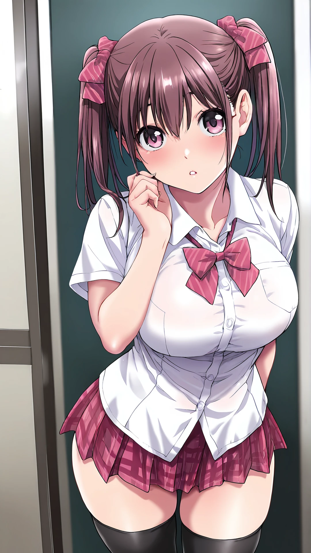 amazing quality,absurdres,best quality,masterpiece,highres,newest,detailed,detailed body,detailed face,masterpiece,best quality,solo,
imokoi,1girl,solo,large breasts,twintails,shirt,bow,black thighhighs,school uniform,brown hair,<lora:å¦¹ã¯åã®æäºº:0.8>,
