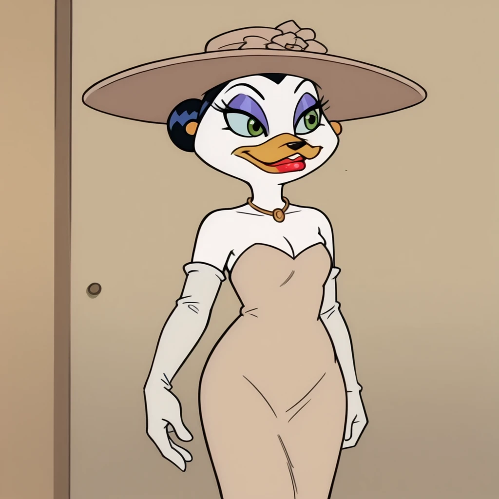 <lora:Vanderbucks_illustrious_v1:.7>  VanderbucksWeddingDress, 1girl,  small breasts, elbow gloves, furry female, cleavage, hat, makeup, jewelry, bare shoulders, strapless dress, white gloves, necklace, cowboy shot, lipstick