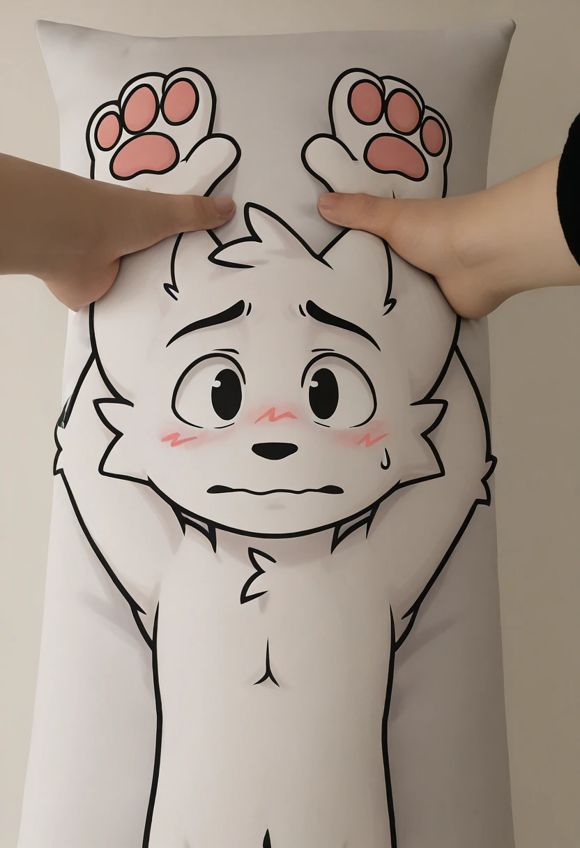 <lora:pillow_sus-il:0.95>, mikus-concept, realistic human hands, dakimakura BREAK, blush, hands up, simple background, BREAK, furry, <lora:boykisser-il>, boykisser, solo, furry, cat, white fur, black eyes, blush