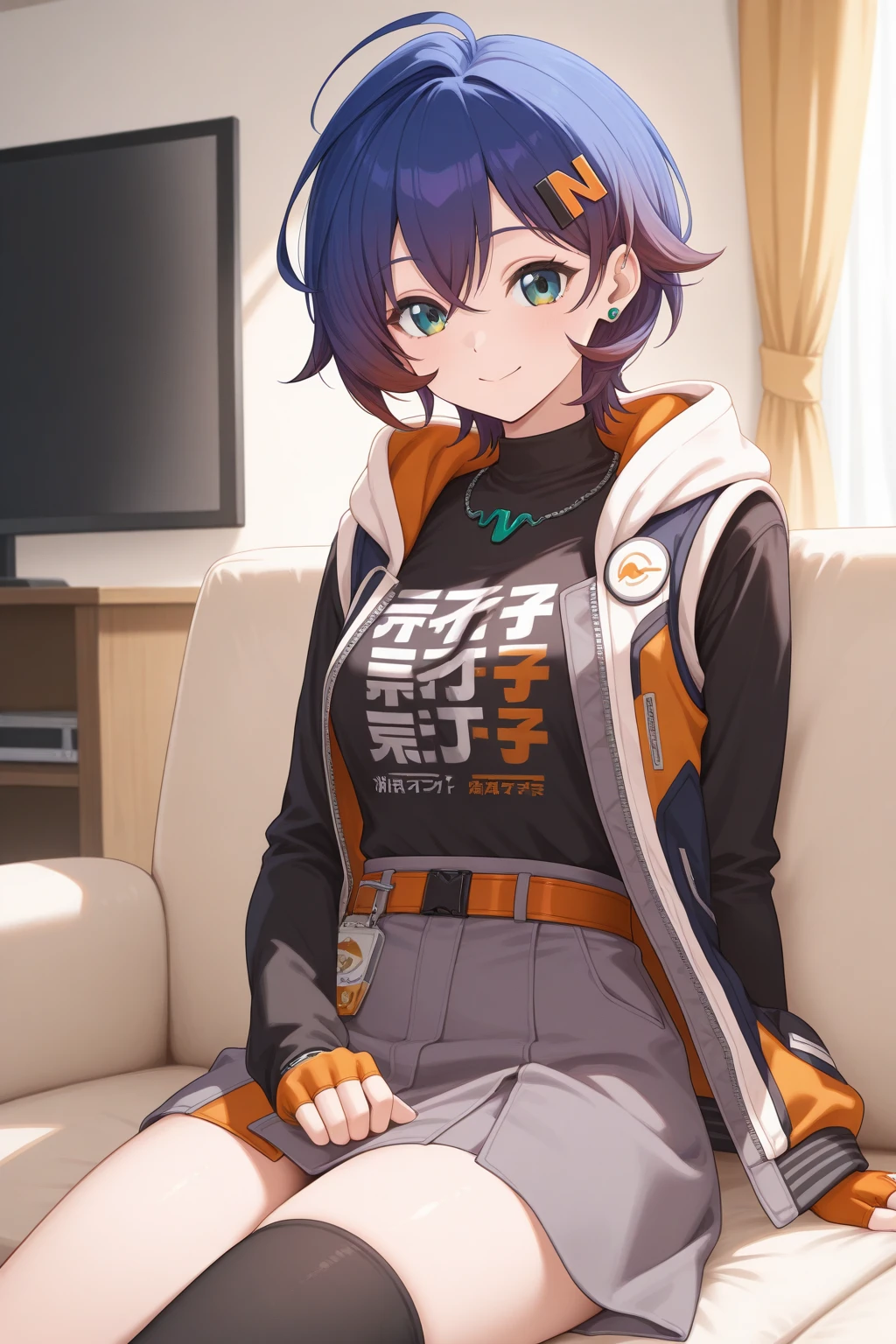 very awa, (vivid colors), detailed eyes, shining eyes, masterpiece, best quality, ultra-detailed, (8k), (hdr), (ultra-detailed), absurdres, looking at viewer, solo, 1girl, girl, indoors, bedroom, day, smile, aabelle, green eyes, blue hair, multicolored hair, ahoge, belledef, hairclip, stud earrings, necklace, black shirt, clothes writing, long sleeves, multicolored jacket, sleeveless jacket, hood down, open jacket, orange gloves, single glove, fingerless gloves, orange belt, grey skirt, high-waist skirt, layered skirt, single thighhigh, black thighhighs, ((sitting, on couch, watching tv, cowboy shot))
