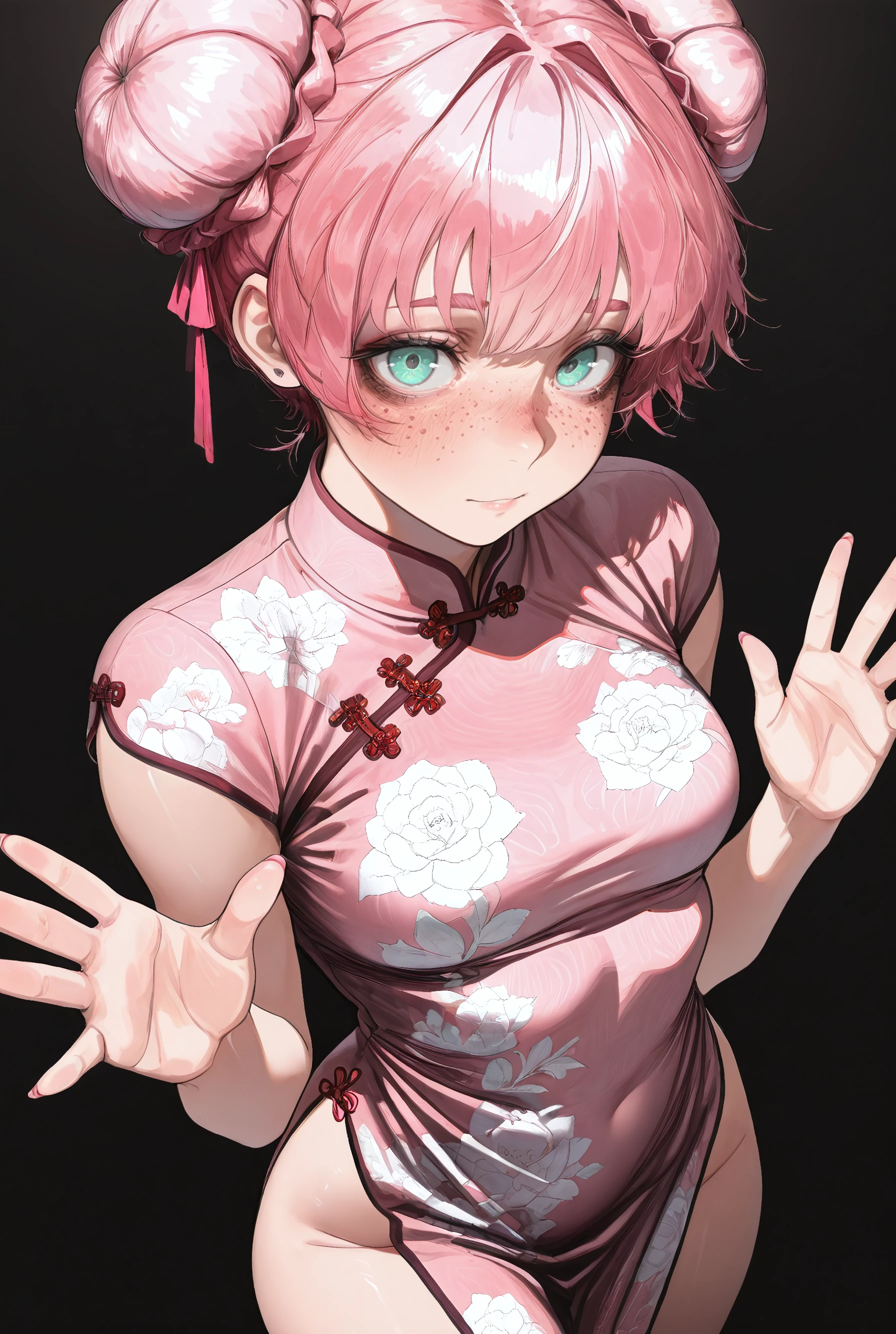 (), masterpiece, best quality, amazing quality, very aesthetic, (black background), (girl, pink hair, bun hair, , freckles,), chinese dress