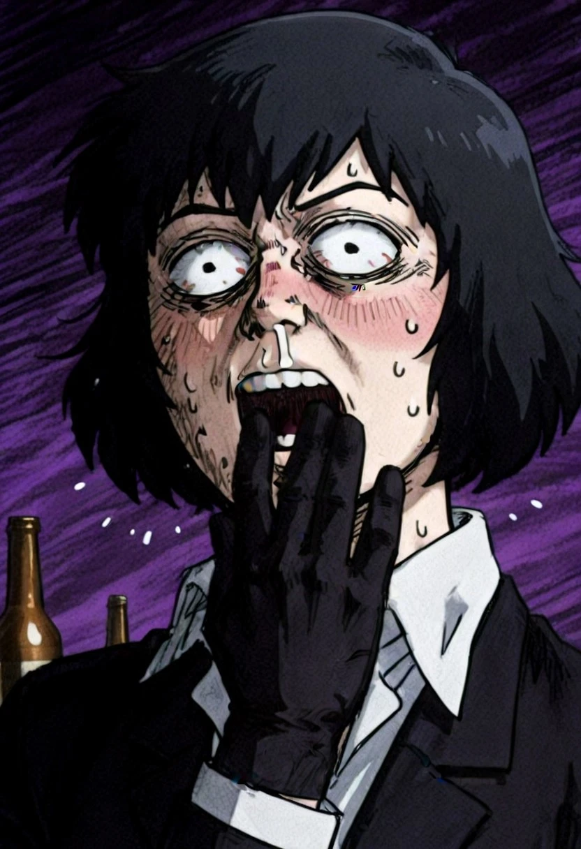 1girl,
anime-style, chain-sumeragi, chin-length-black-hair, white-eyes, shocked-expression, embarrassed-face, mouth-agape, wide-eyes, blushing, sweat-drops, nervous-smile, covering-mouth, surprised-gesture, secret-crush-discovered, portrait-view, messy-bedroom-background, garbage-bags, beer-bottles, cluttered-room, white-shirt, black-suit, kekkai-sensen-setting, anime-meme-face, anime-art-style.
kekkai sensen,
mob_psycho_funny_face, open mouth, snot, exaggerated expression, impact lines, teeth, sweat, meme, parody, distorted purple background