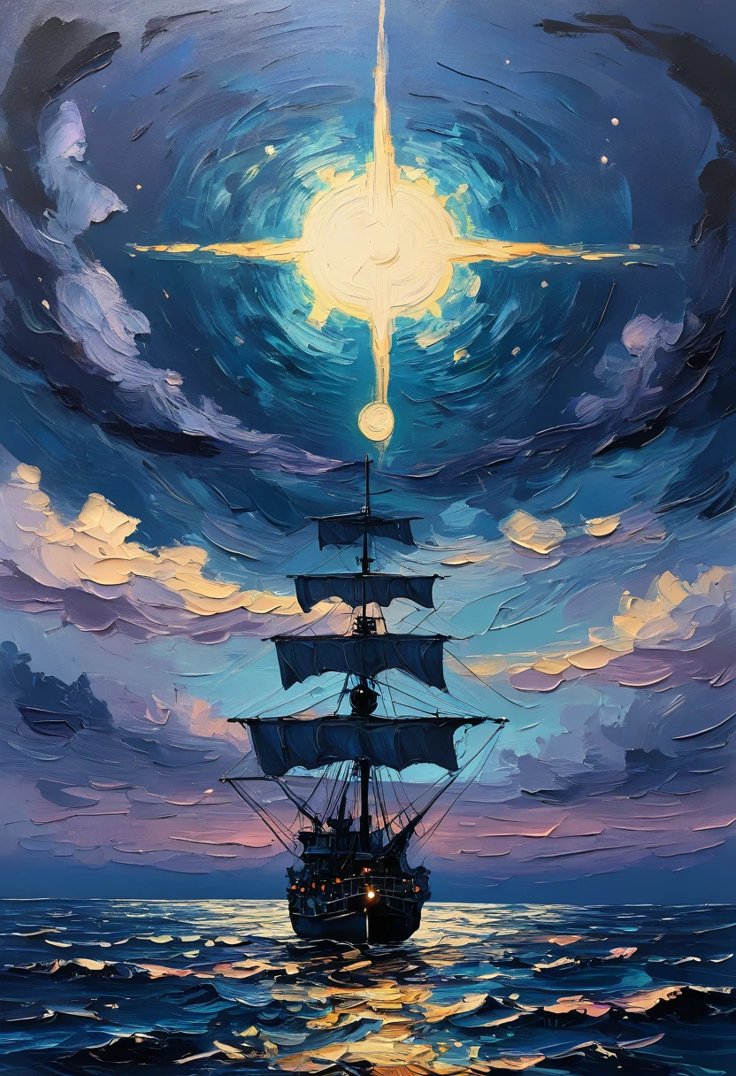 (masterpiece, best quality, ultra-detailed, amazing quality, high resolution, perfect details) very aesthetic, BSS_LPNTG, oil painting, detailed drawing, general, outdoors, sky, cloud, water, no humans, night, ocean, moon, cloudy sky, night sky, scenery, horizon, light, watercraft, ship, warship, battleship