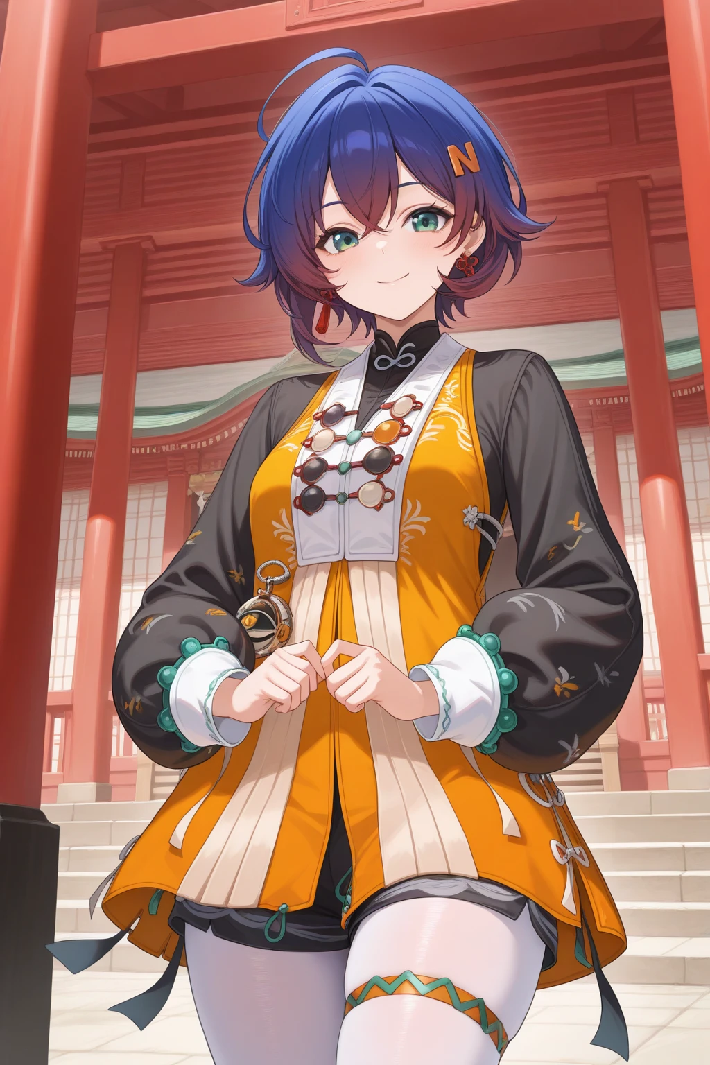very awa, (vivid colors), detailed eyes, shining eyes, masterpiece, best quality, ultra-detailed, (8k), (hdr), (ultra-detailed), absurdres, looking at viewer, solo, 1girl, girl, outdoors, shrine, day, smile, aabelle, green eyes, blue hair, multicolored hair, ahoge, bellewaifei, hair ornament, tassel earrings, orange dress, black sleeves, puffy long sleeves, black shorts, white pantyhose, thigh strap, ((standing, cowboy shot))