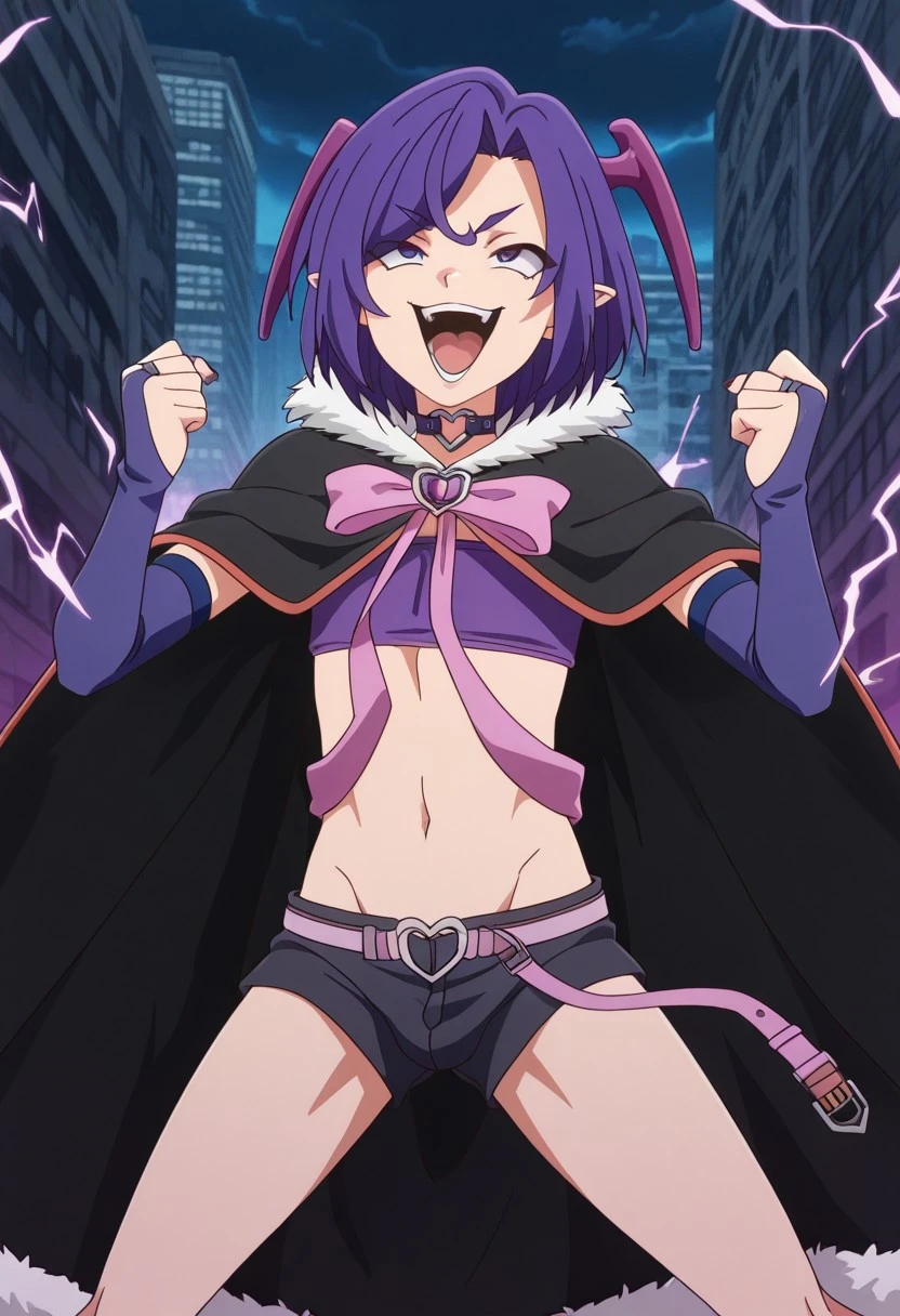 1boy, solo, otoko no ko, bcranga, bowcape, heart o-ring choker, purple choker, tube top, midriff, black shorts, groin, corruption, laughing, evil smile, hands up, v-shaped eyebrows, aura, purple bridal gauntlets, purple nails, , outdoors, building, city, clenched hand, thunder